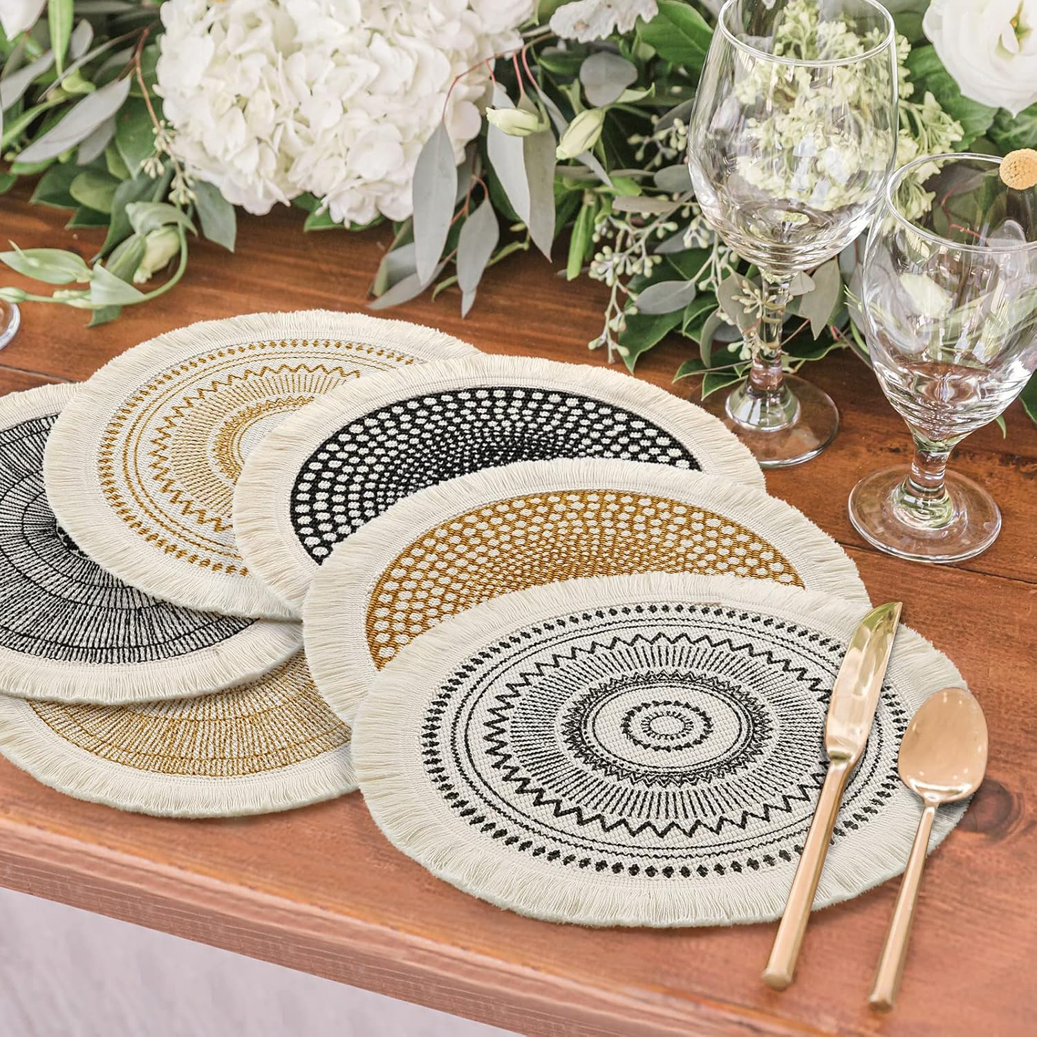 LOMOHOO Set of 6 round Placemats 13 Inch Table Mats Boho Cotton Woven Mandala Tassels Heat Proof Washable Circle Place Mat for Kitchen Dining Wedding Farmhouse Home Decoration image number 2