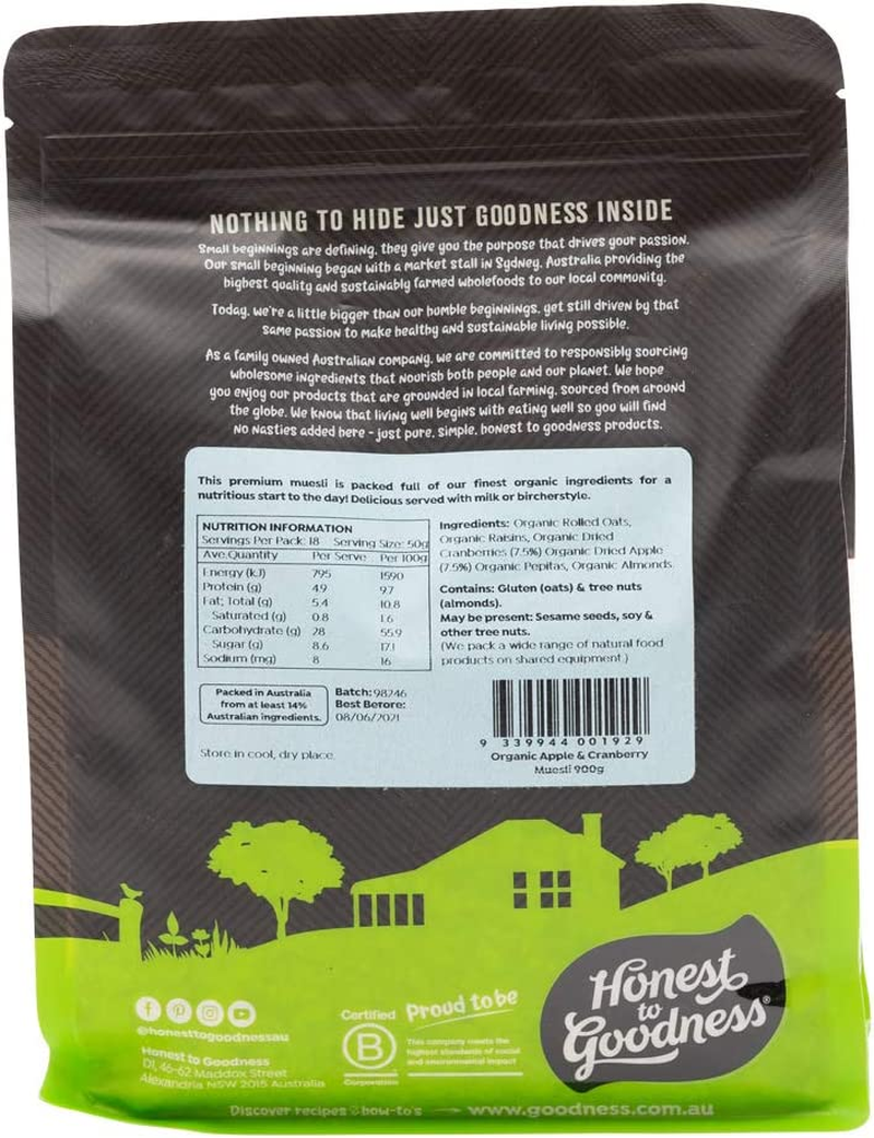 Honest to Goodness Organic Apple and Cranberry Goodness, 900G