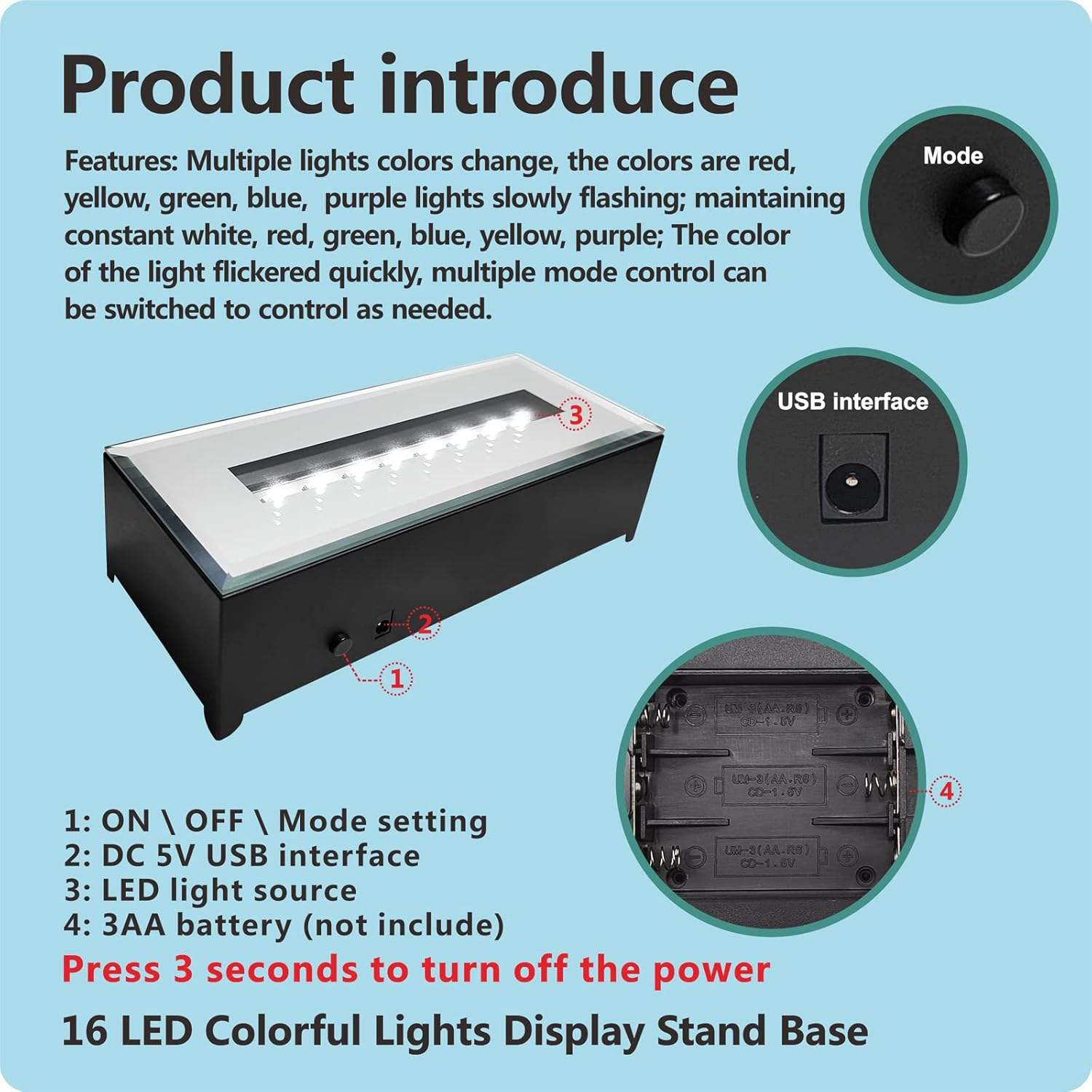 16 LED Light Display Stand Base for 3D Crystal Glass Art,Room Decoration and Holiday Casual Atmosphere Ornament Lamp- 6 Inch Rectangular Illuminated Holder Colorful Lights (Black)