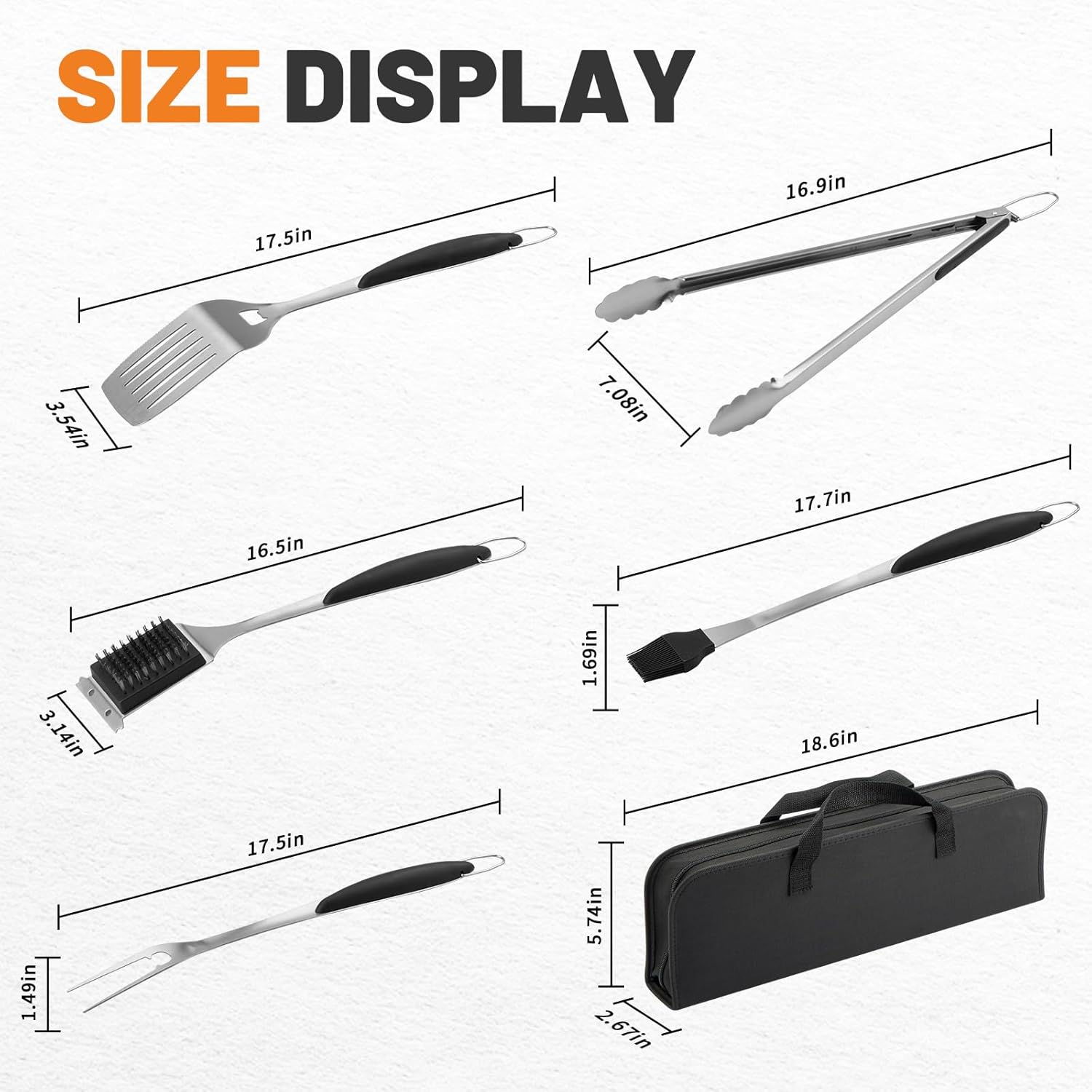 BBQ Tool Set, Stainless Steel Grill Accessories Tools for Outdoor Grilling Cooking Camping, Heavy Duty Grill Spatula, Tong, Fork, Basting Brush & Cleaning Brush, Travel Bag (Black)