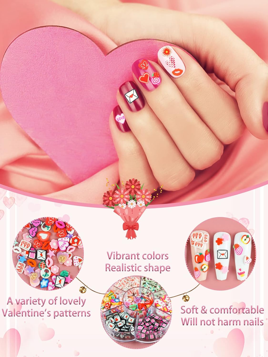 3 Boxes Valentine'S Day Nail Sequins Glitter, Wsimily 3D Flower Love Lips Star Envelope Valentine'S Soft Polymer Clay Slices for Acrylic Nails Design Valentine'S Day Gift Party Decoration image number 3