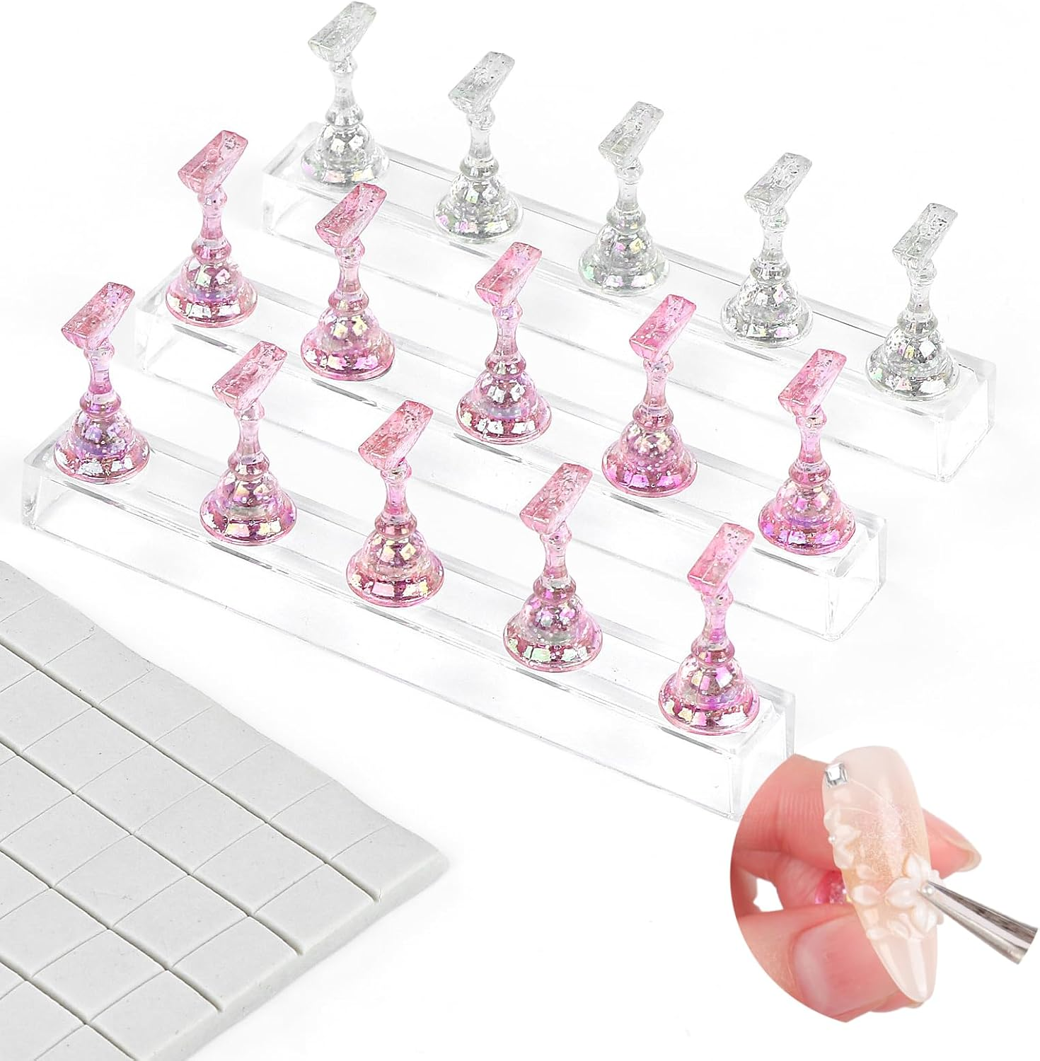 SAVILAND 3 Set Essentials Nail Stand for Press Ons: Powerful Magnetic Nail Art Stand for Painting Nails Starter Practice Fake Nails Press on Nails Holder Stand 40 Pcs Reusable Adhesive Putty Home Use