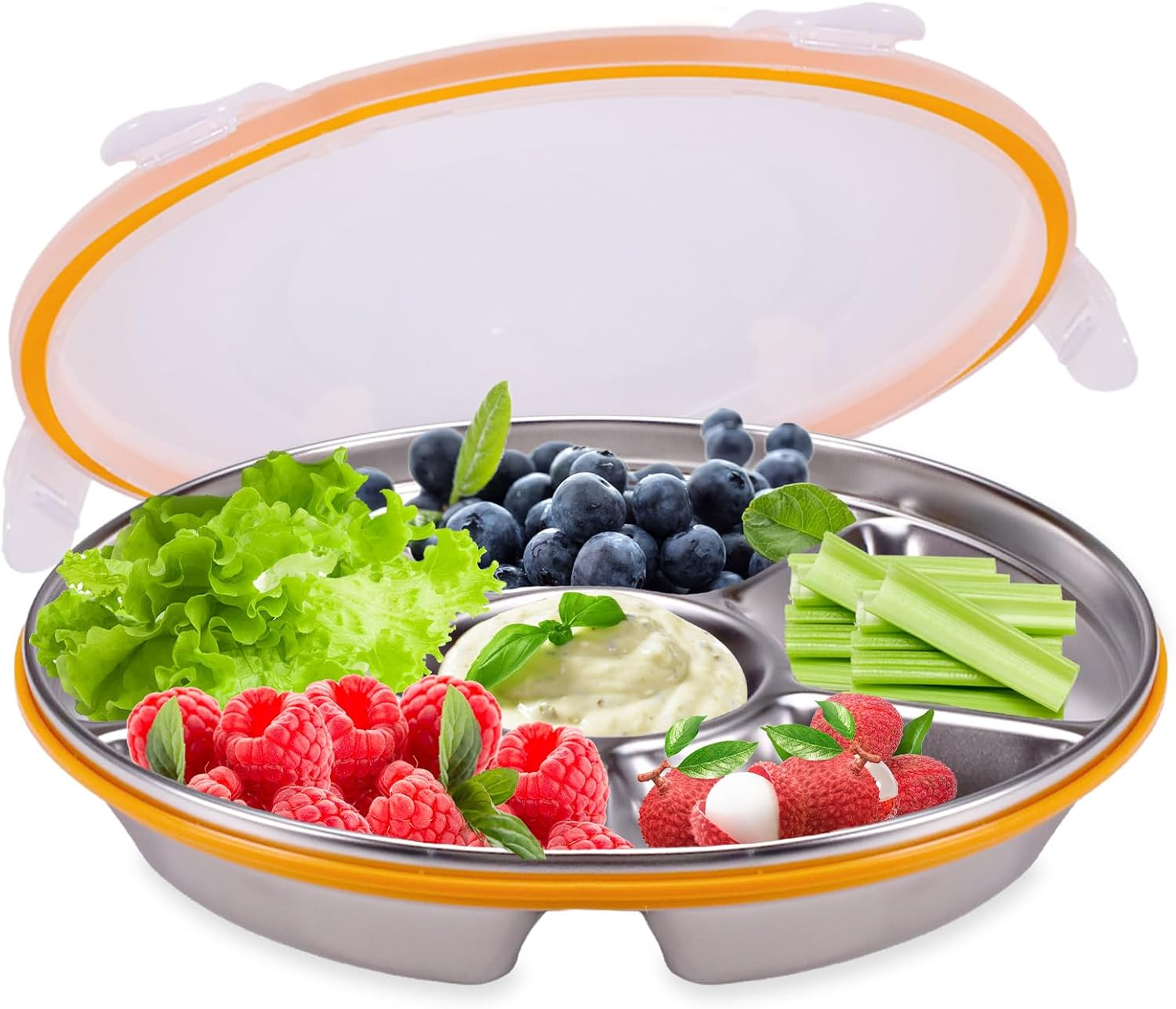 ASTIMESA Divided Serving Tray with Lid 6 Compartments, 10.4 Inch round Veggie Tray, Reusable Stainless Steel Snack Box Container Fruit Platter Tray for Parties Fridge Food Storage Picnic (1 Pcs) image number 6