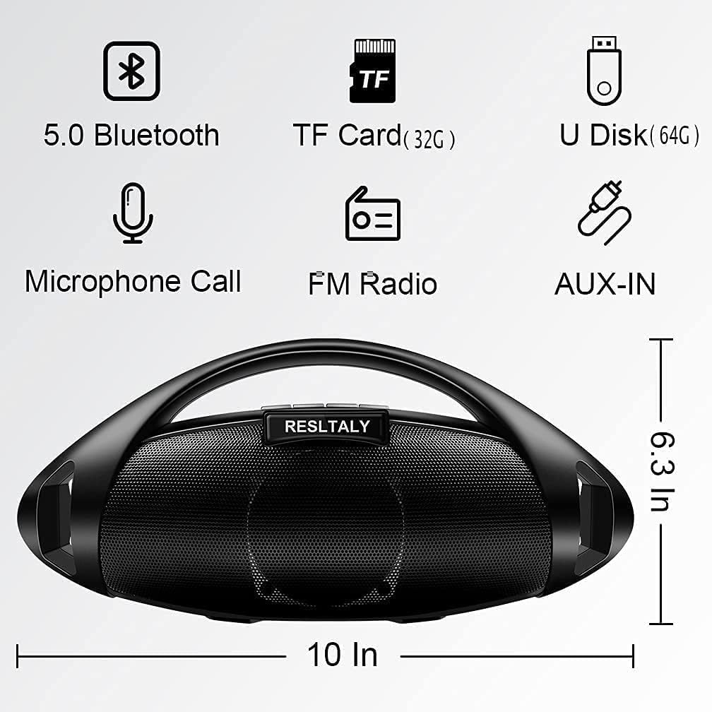 RESLTALY Bluetooth Speaker with FM Radio, 10W High Power Output, 5.0 Bluetooth, 2800Mah Battery, 16-Hour Playtime, Quick Charge, Enhanced Bass, Indoor Outdoor Use (Black) image number 6