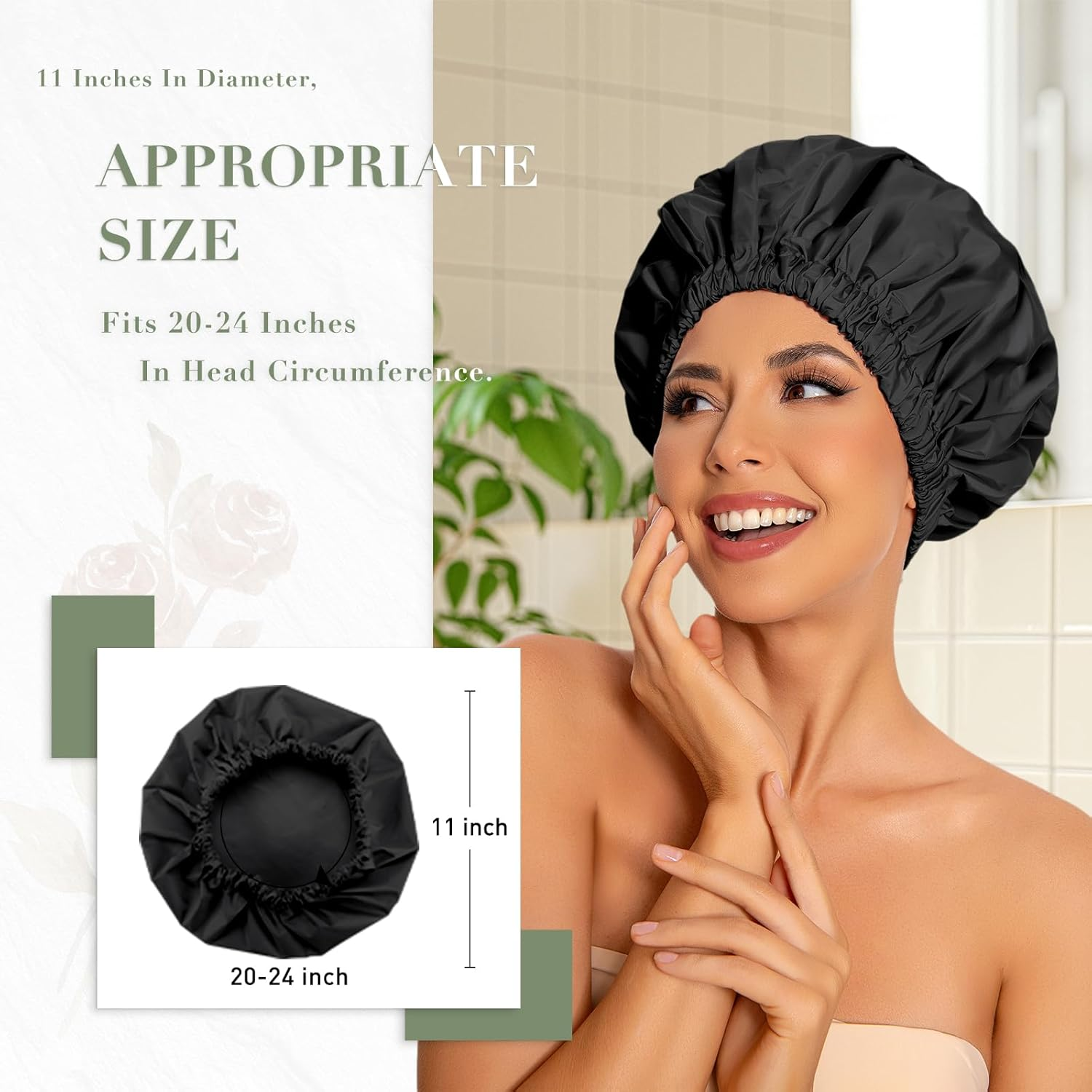 Reusable Shower Cap for Women, Large Waterproof Shower Bonnet Washable Elastic Band Bath Accessories Hair Hat for Long Hair, Braids(Black) image number 3