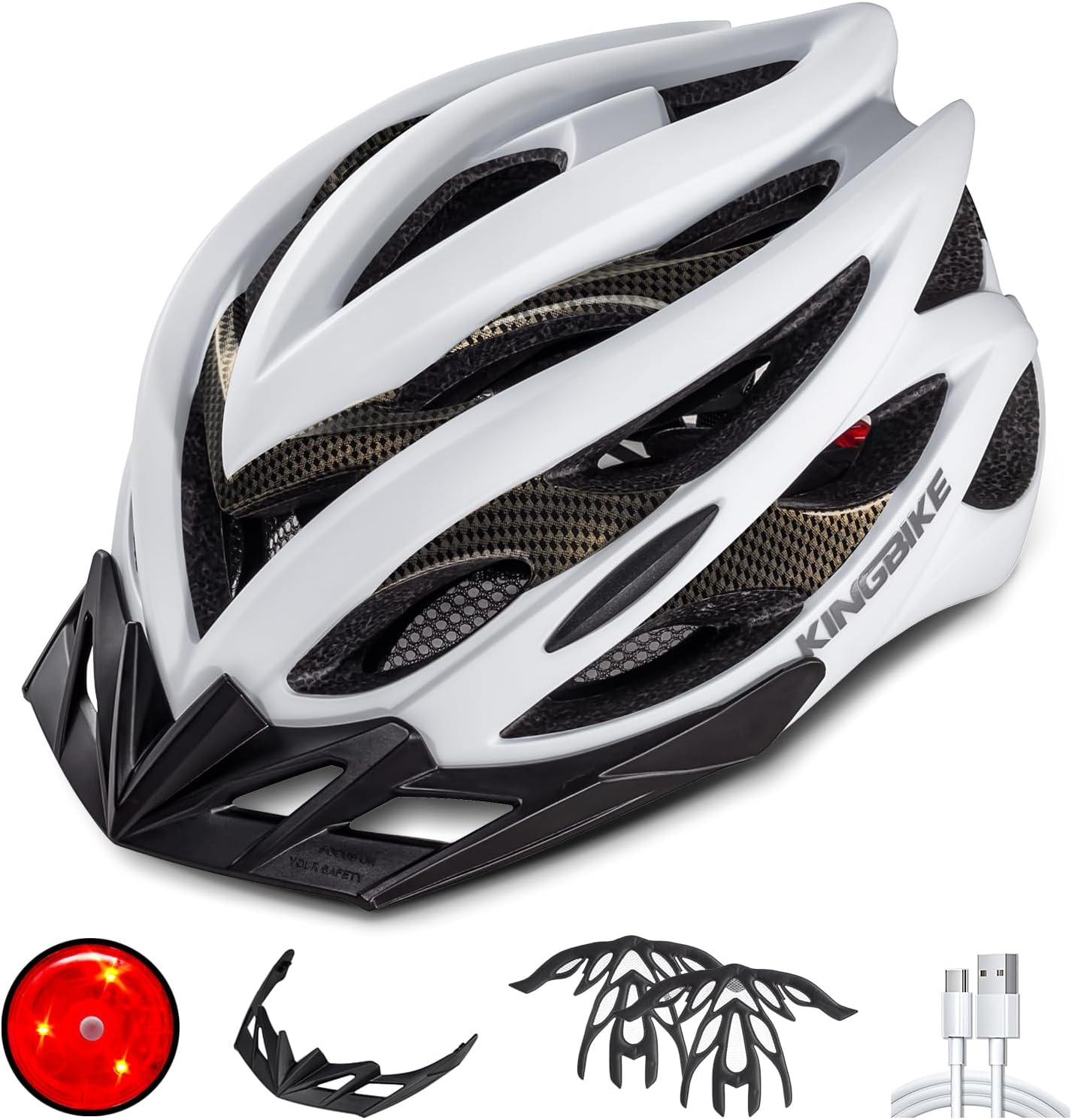 KINGBIKE Bike Helmet with USB Rechargeable Rear Light, Replaceable Liners,Ultra-Lightweight Comfortable for Adult Men Women Youth (54-61CM) image number 4