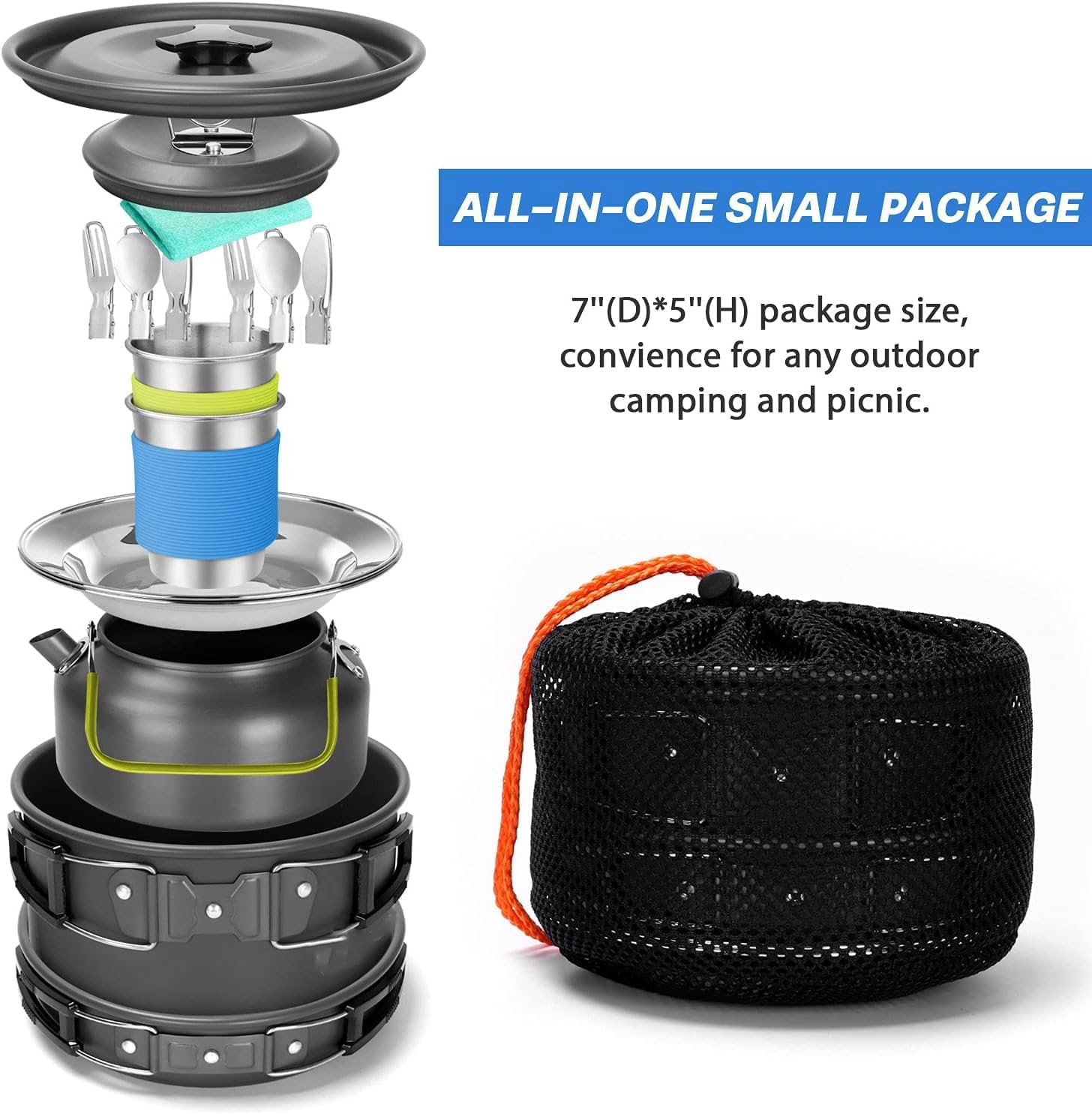 15Pcs Camping Cookware Mess Kit, Non-Stick Lightweight Pot Pan Kettle Set with Stainless Steel Cups Plates Forks Knives Spoons for Camping,Outdoor Cooking and Picnic (Black) image number 3