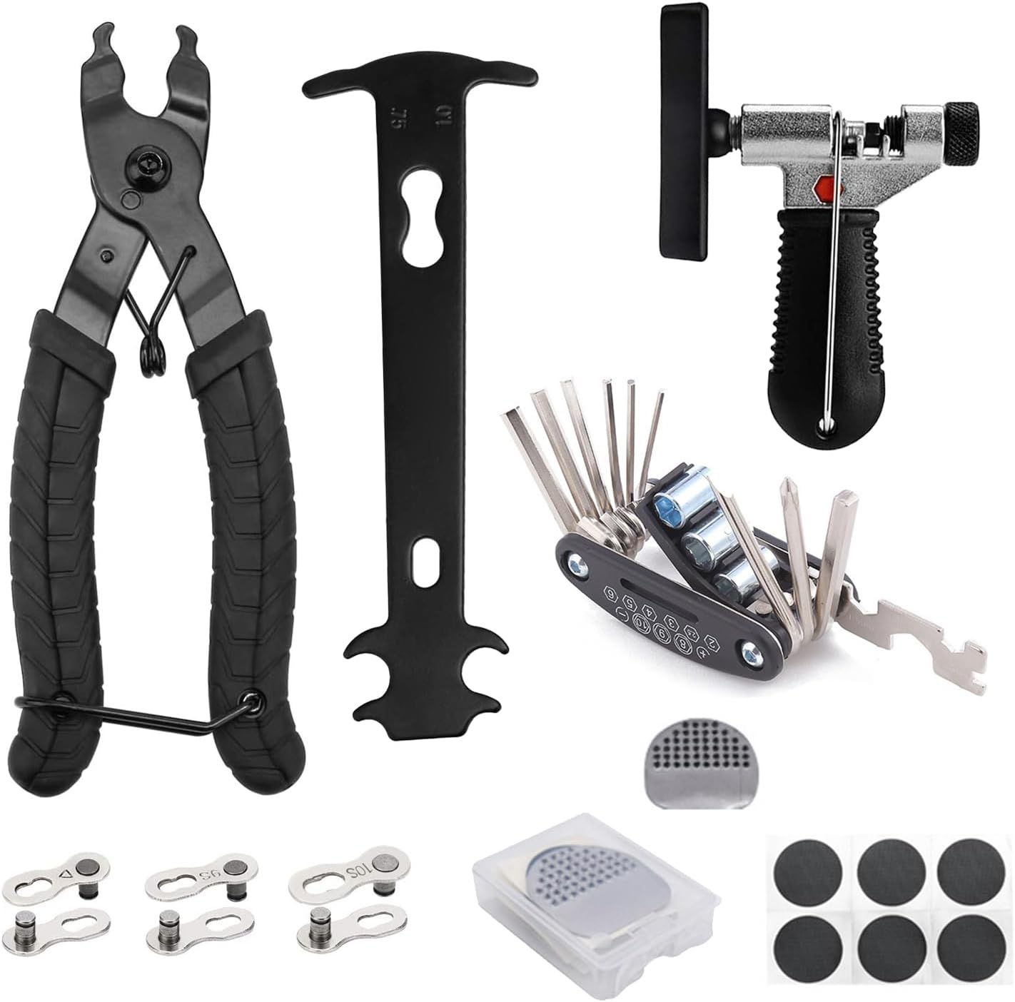 Bicycle Chain Repair Tool Kit 12 Piece,16 in 1 Multitool Hex Key Wrench,Tube Patch Kit,Cycling Master Link Pliers Remover,Chain Splitter,Chain Wear Indicator Checker,For Road Bikes (Black) image number 4