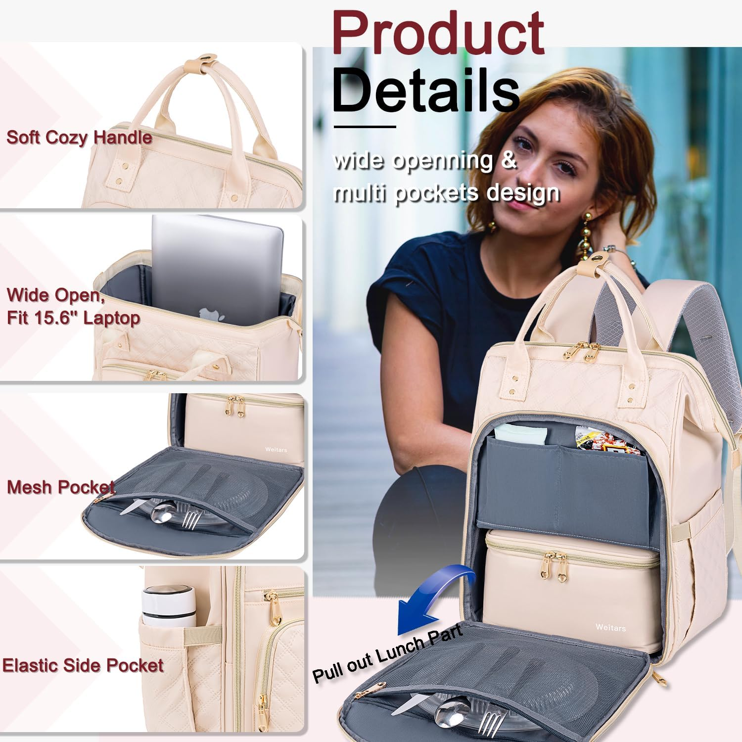 Weitars Lunch Backpack for Women,15.6 Inch Laptop Backpack for Women Backpack, Travel Backpack,Work Backpack for Women image number 3