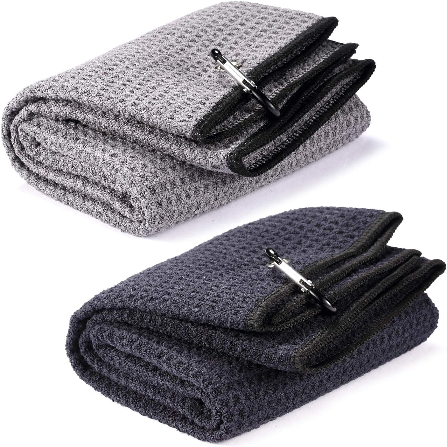 Fpxnb 2 Pack Tri-Fold Golf Towel Set, Microfiber Fabric Waffle Pattern Towels, Heavy Duty Carabiner Clip (2 Pcs, 2 Colors)