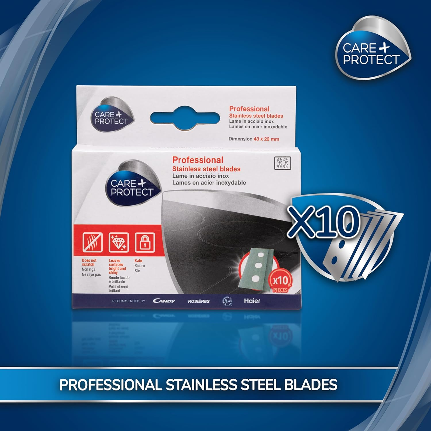 Care + Protect Blades for Cleaning Scraper, for Glass, Ceramic, and Induction Hobs, No Scratch, Leaves Surfaces Bright and Shiny, Safe, Pack of 10 Blades image number 2