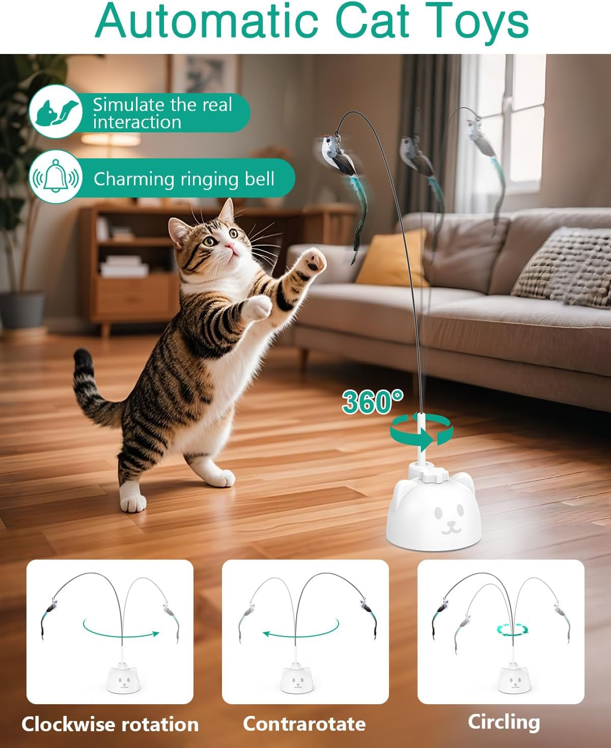 ORIA Interactive Cat Toys, Automatic Cat Toy, Irregular Rotation Teaser Wand with Reusable Sticker Base for Indoor Kitten, Cats - White image number 3