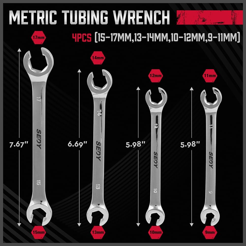 SEDY 4-Piece Flare Nut Spanner Set - Metric Wrench Spanner Chrome Vanadium Steel, 6-Point Design, Ergonomic Offset Heads, Portable Organizer Pouch Included (Metric) image number 1