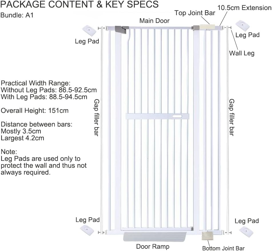Riin Extra Tall 150Cm Pet Security Gate Metal Safety Guard Tension Pressure Mounted for Dog Cat Kitten Adjustable Width Range 86.5-92.5Cm Largest Gap between Bars 42Mm Model A1 image number 2