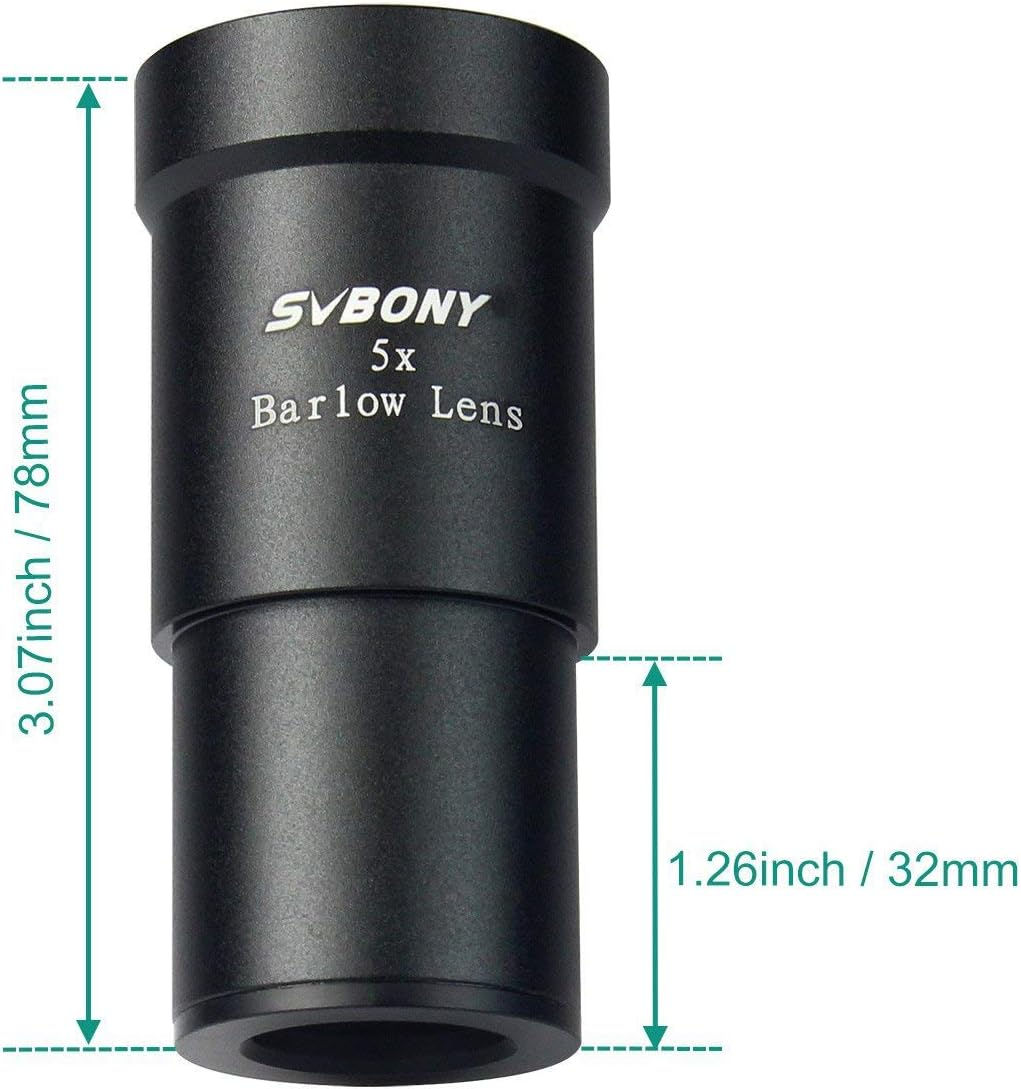 SVBONY Telescope Barlow Lenses, 1.25 Inch Telescope Accessory, Fully Metal Multi Coated Broadband Green Film Barlow Lens 5X for Telescope Astronomy Eyepiece