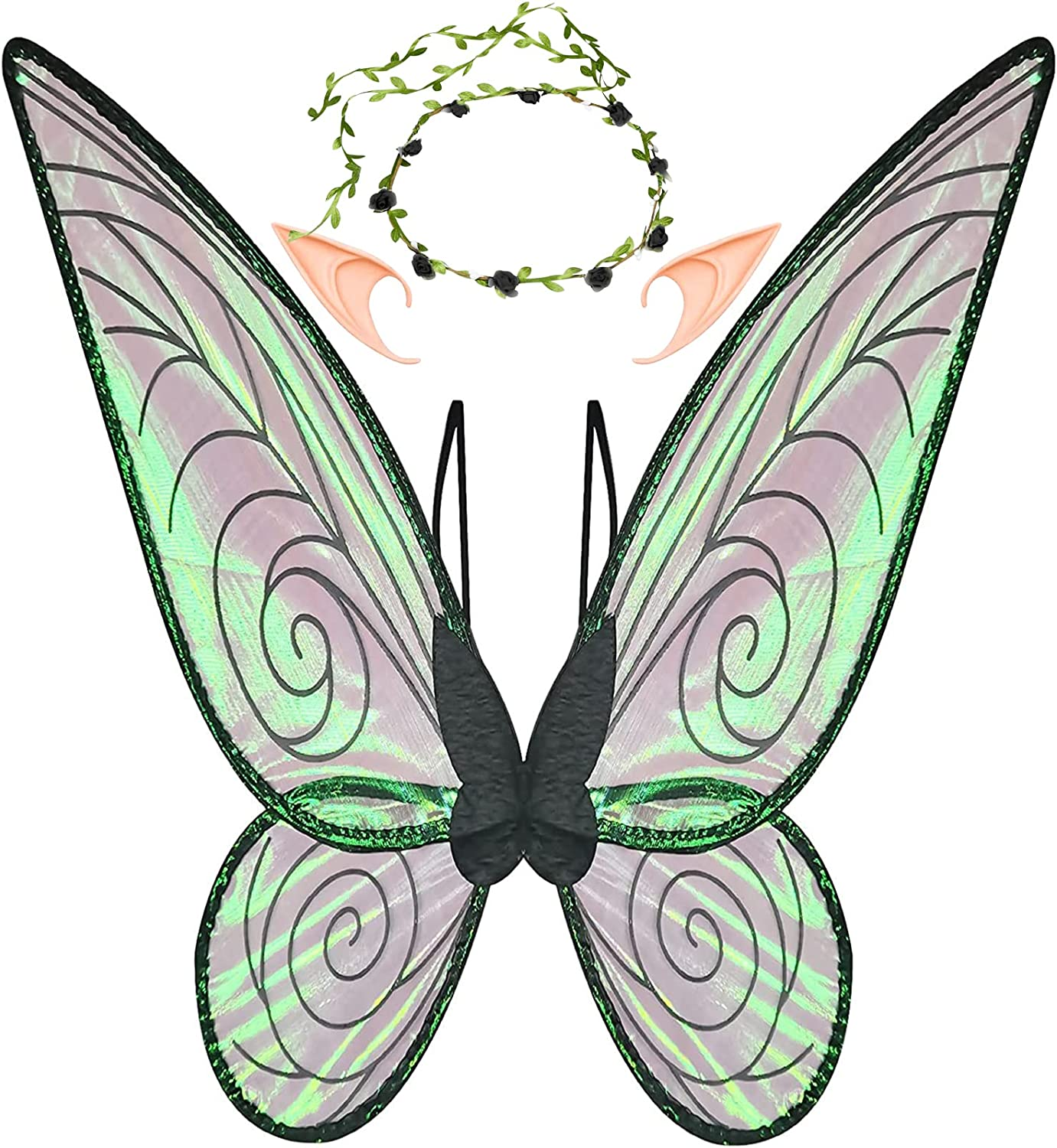 U-Goforst Fairy Wings Costume Set Sparkle Butterfly Fairy Angel Wings Party Favors Halloween Dress up Cosplay for Women Girls (Green), Universal