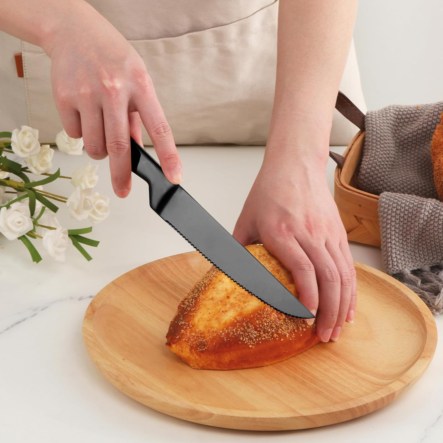 BYEGOU Stainless Steel Serrated Steak Knife Set of 6, Black Color Heacy Duty Dinner Table Knives for Cutting Meat, Beef, 8.6 Inch, Dishwasher Safe - Black image number 5