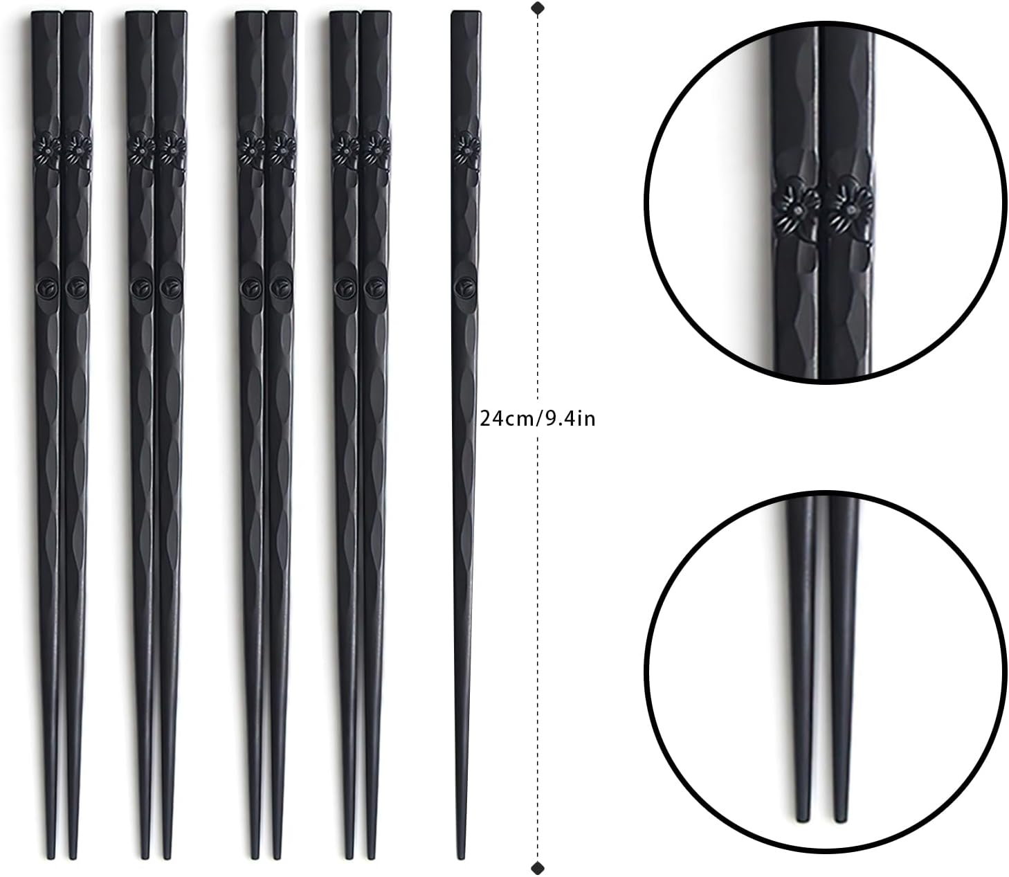 Tiokin 5 Pair of Fiberglass Reusable Chopsticks Lightweight Non-Slip Chopstick ,Japanese Style Chop Sticks Set ,Healthy and Durable Dishwasher Safe(Black)