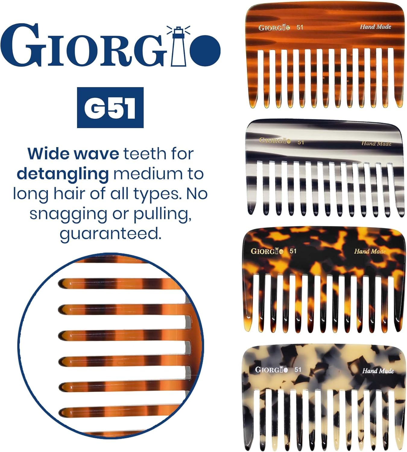 Giorgio G51TW Small Travel Purse Hair Detangling Comb, Wide Teeth Pocket for Thick Curly Wavy Hair. Detangler for Wet and Dry Everyday Care. Handmade of Cellulose, Saw-Cut Hand Polished image number 2
