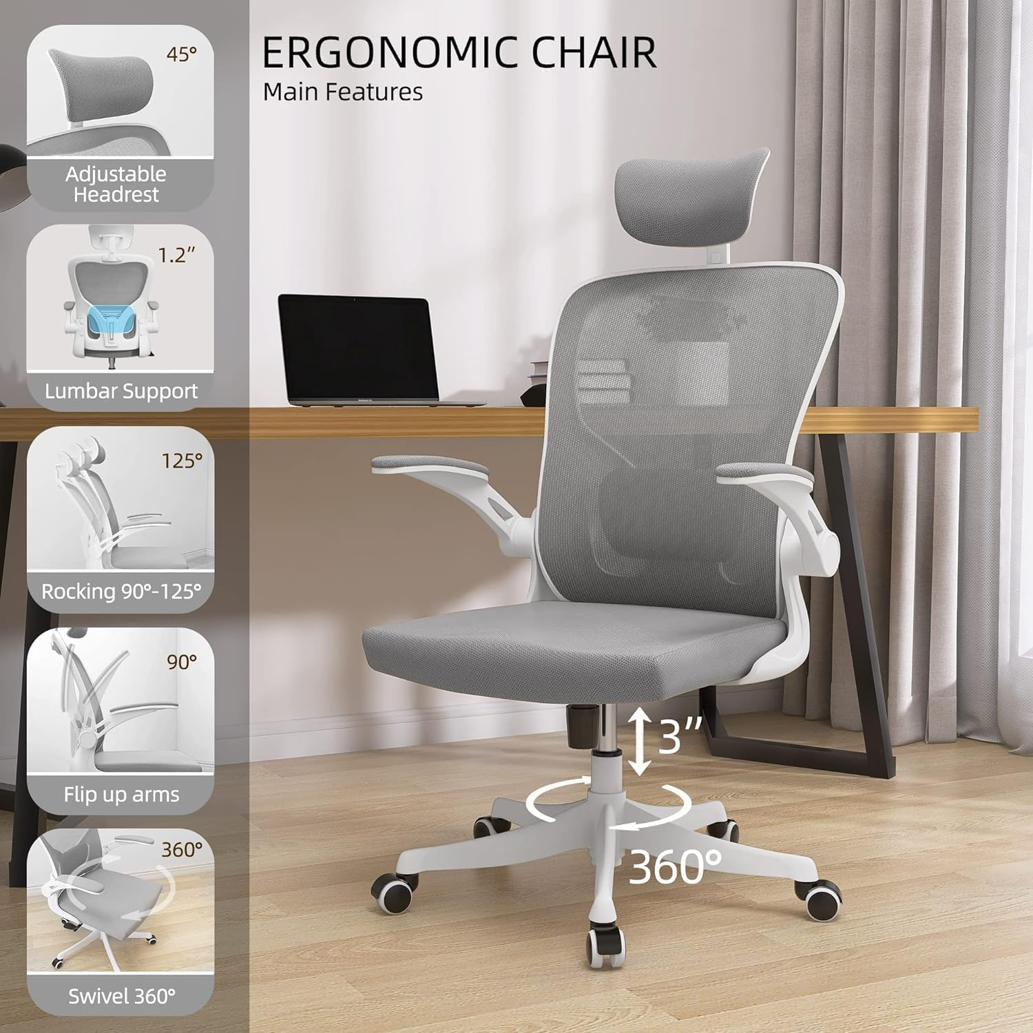 Ergonomic Office Chair with 3D Headrest - Adjustable Swivel Computer Desk Chair for Home & Study, Lumbar Support Mesh Back, Padded Seat, Tilt Function, Grey image number 2
