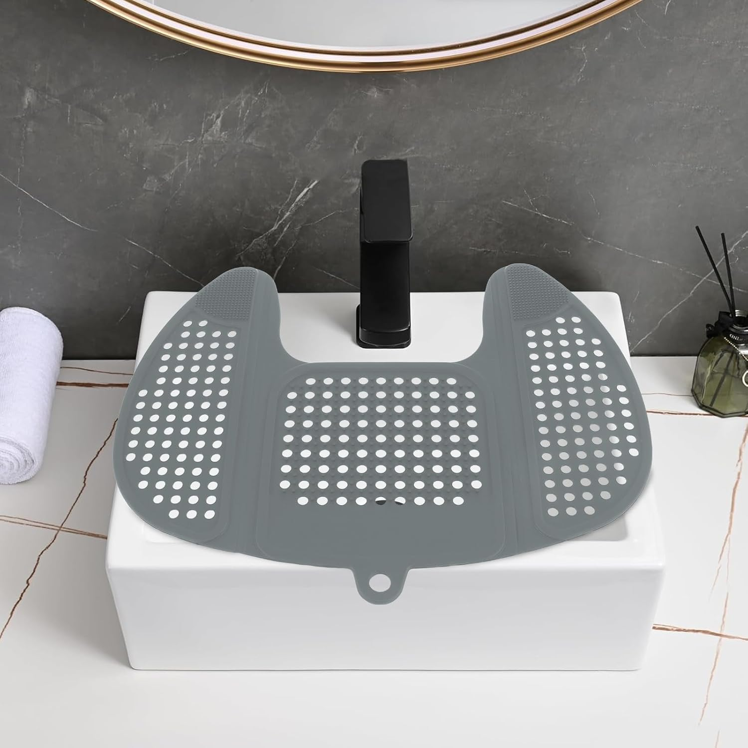 Foldable Bathroom Sink Cover for Counter Space - Silicone Makeup Mat over Sink - Heat Resistant Brush Cleaner Mat (Gray)