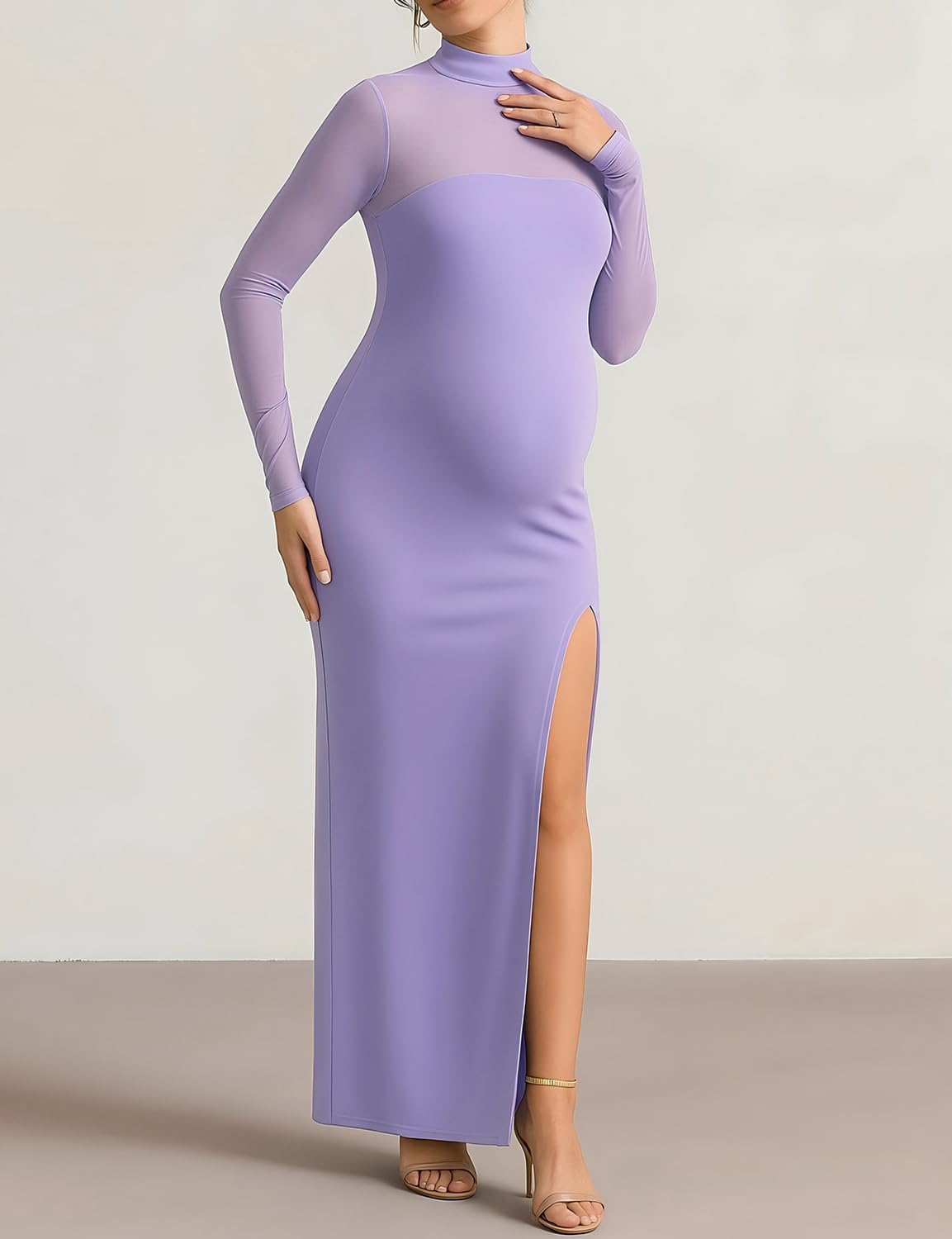 Dedysler Maternity Long Sleeve Maxi Wedding Guest Dress for Baby Shower with Mesh Split Mock Neck Bodycon Casual Pregnancy image number 3