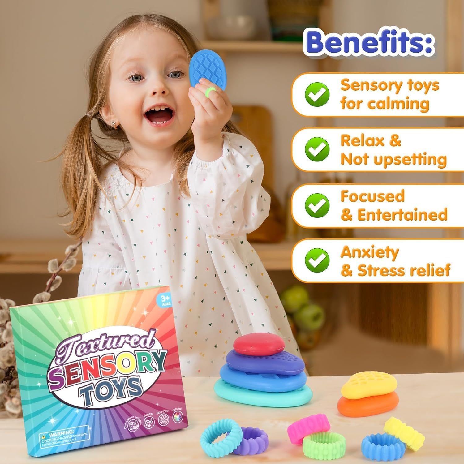 18 Pack Sensory Fidget Toys Set for Kids with Textured Soft Sensory Stone and Fidget Rings Textured Fidgets for Autism ADHD Kids Calming - Fidget Stress Toys for Anxiety Relief (Color Random)