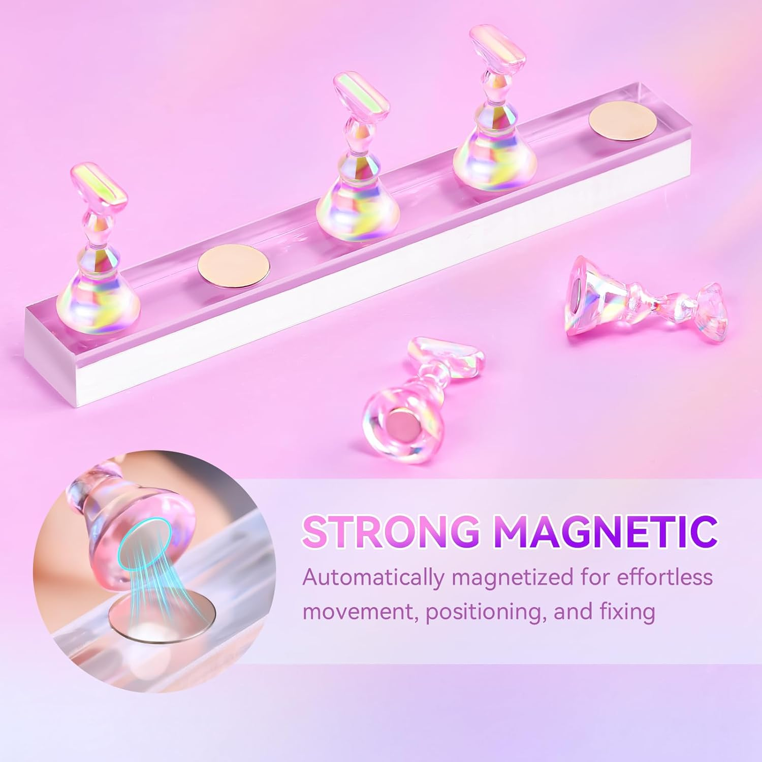 Makartt False Nail Stand: Transparent and Pink Nail Art Display Stand for Nail Art Displays Transparent Magnetic Nail Art Holder with Glitter and Reusable Adhesive Putty for Salon image number 1