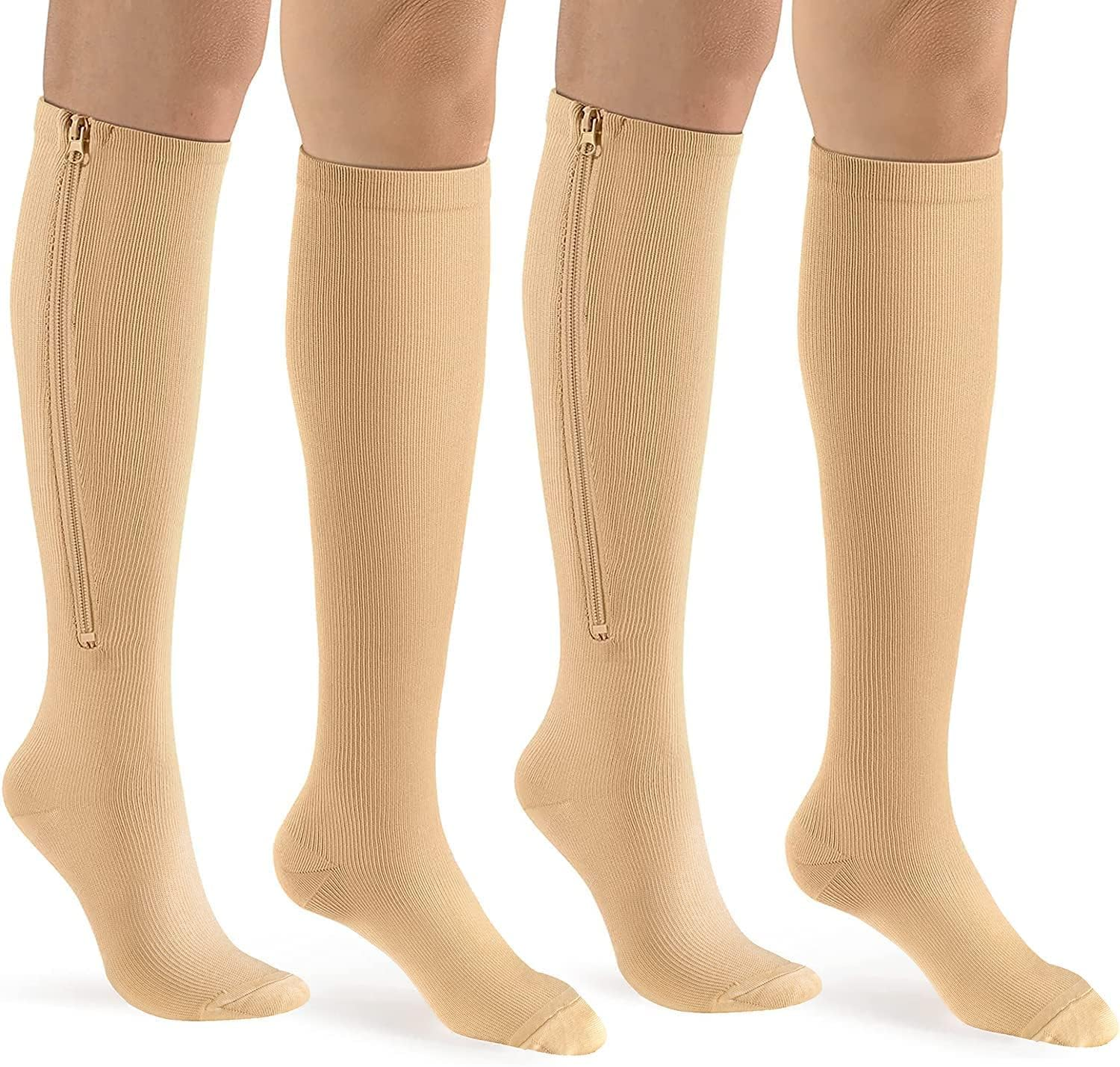Bropite Zipper Compression Socks Women&Men 2 Pairs Knee High 15-20 Mmhg Closed Toe Compression Socks for Running, Varicose
