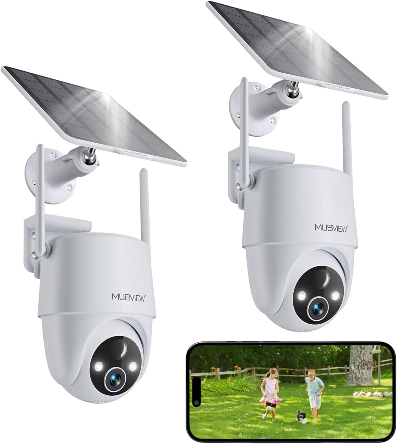 MUBVIEW 2K Solar Security Cameras Wireless Outdoor, 360&deg; PTZ Battery Powered Outdoor Camera, 2.4Ghz Wifi Home Security Camera, Color Night Vision, Motion Detection, 2-Way Audio, 2-Pack