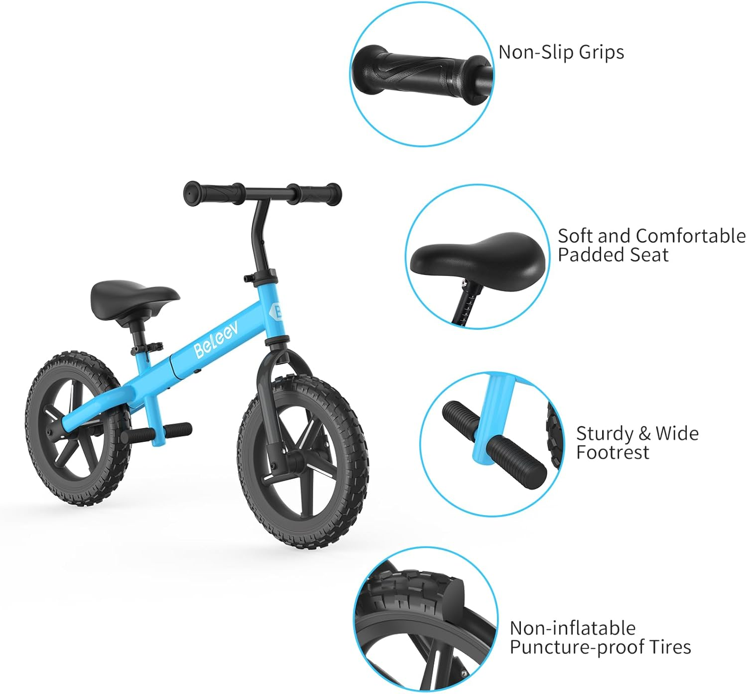 BELEEV C2 Balance Bike 2 Year Old with LED Light-Up Wheels, Adjustable Seat and Handlebar, Footrest, 12 Inch Anti-Skid Wheels, Kids Toddler Baby Walker Bike First Birthday 2-5 for Boys Girls image number 5