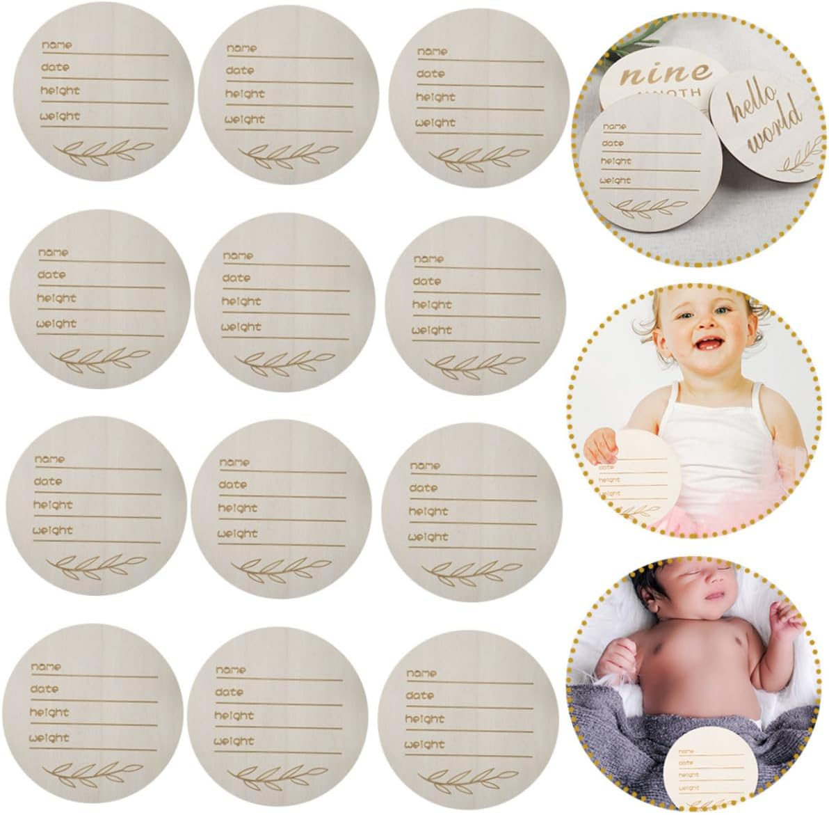 DOITOOL 12Pcs Wooden Birth Announcement Sign Smooth round Keepsake for Newborn Photography Creative Design Milestone Cards for Capturing Growth Moments image number 4