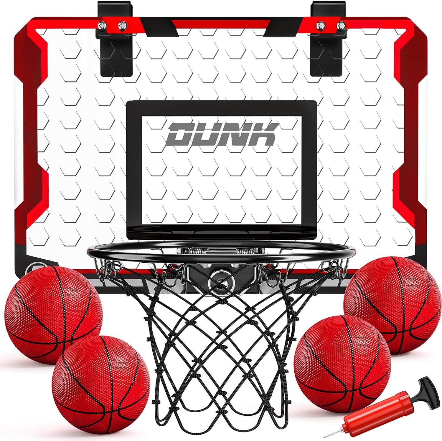 TEMI Indoor Basketball Hoop, Kids & Adults over the Door Hoop with 4 Balls, Electronic Scoreboard, Breakaway Rim, Red, Aluminium & Acrylic