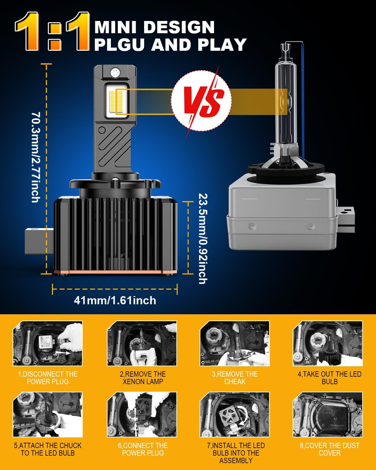 D1S D1R LED Bulbs 800% Brightness, 30000LM 6500K Xenon White 1:1 Size Plug and Play D1S LED Headlight Bulbs, Pack of 2 image number 3