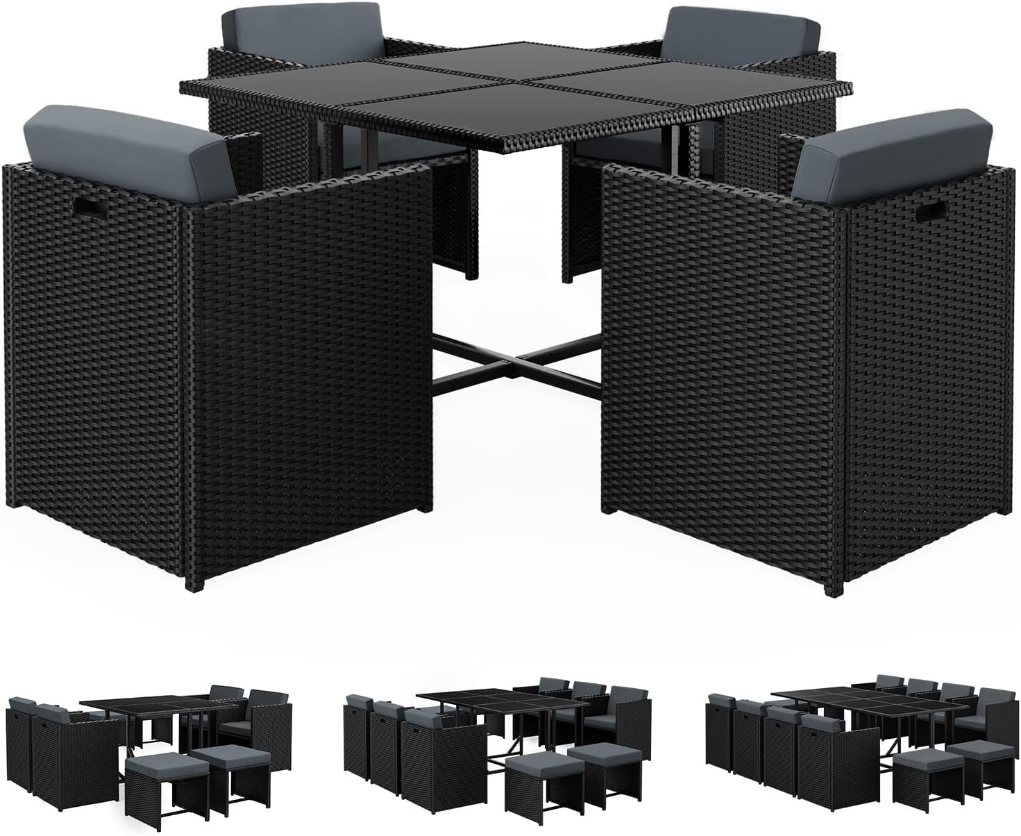 ALFORDSON 9Pcs Outdoor Dining Set Patio Furniture Garden Armchair, PE Wicker Rattan Lounge Chair and Glass Top Table with Steel Frame & Cushions, Uv-Resistant Conversation Sofa Set with Storage Cover - 5Pcs