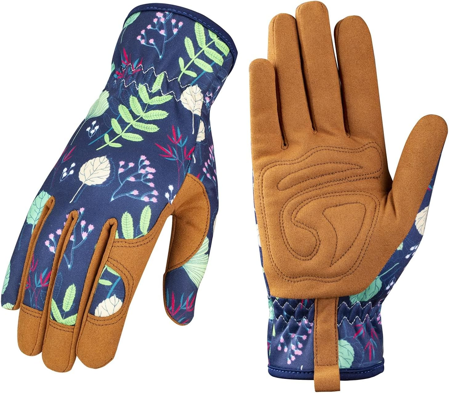 Floral Garden Gloves with Leather Fingertips, Navy Blue Pattern, Breathable Elastic Design image number 1