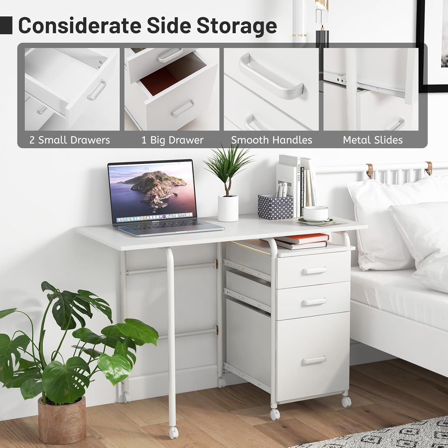 Giantex 2-In-1 Folding Computer Desk for Small Space, Rolling Home Office Desk with Drawers & Lockable Universal Wheels, Mobile Study Writing Desk for Living Room, Office, Bedroom & Study (White) image number 1