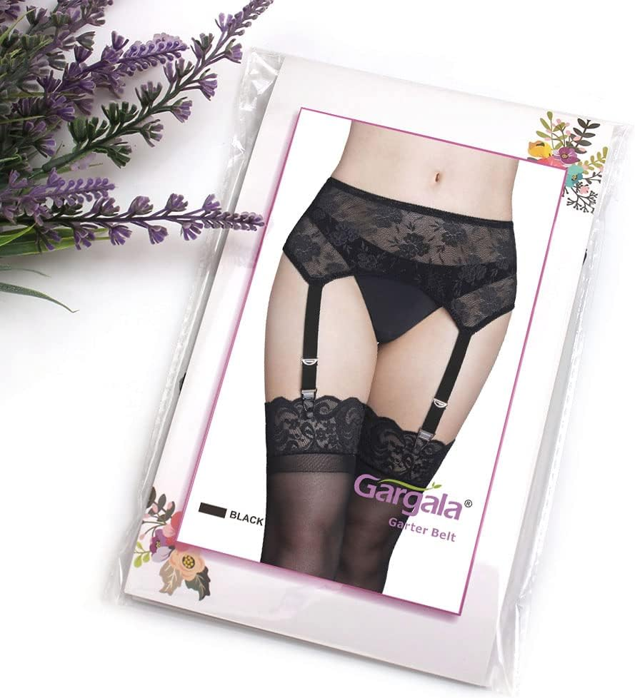 GARGALA Lace Garter Belt Sexy Black Suspenders for Women Lingerie plus Size with 4 Vintage Metal Clips for Stocking image number 3