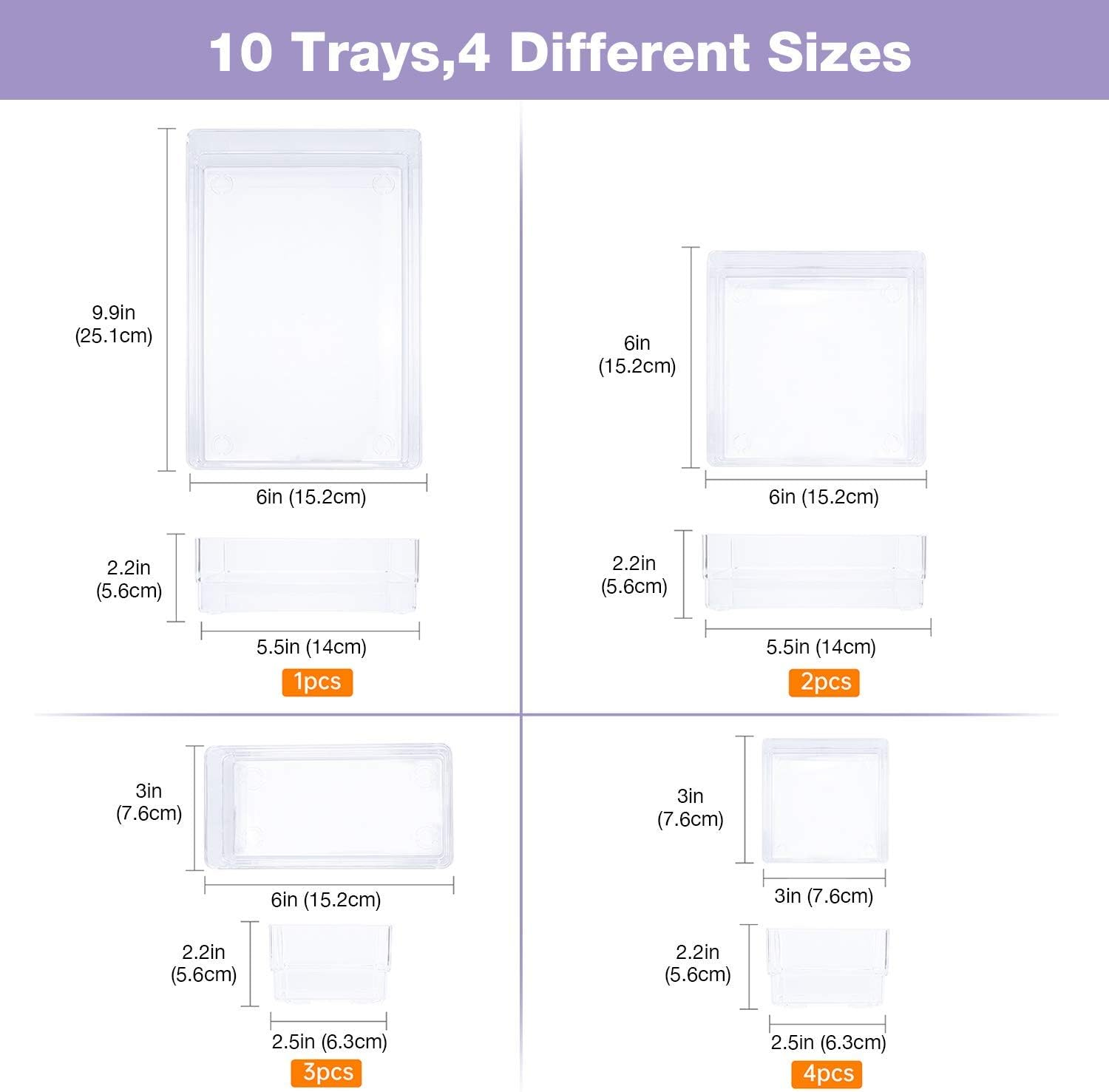 Puricon Desk Drawer Organizers (10 Pcs), Clear Versatile Plastic Storage Bins Makeup Organizer Dividers Vanity Trays for Bedroom Dresser Bathroom Kitchen Office -Clear image number 2