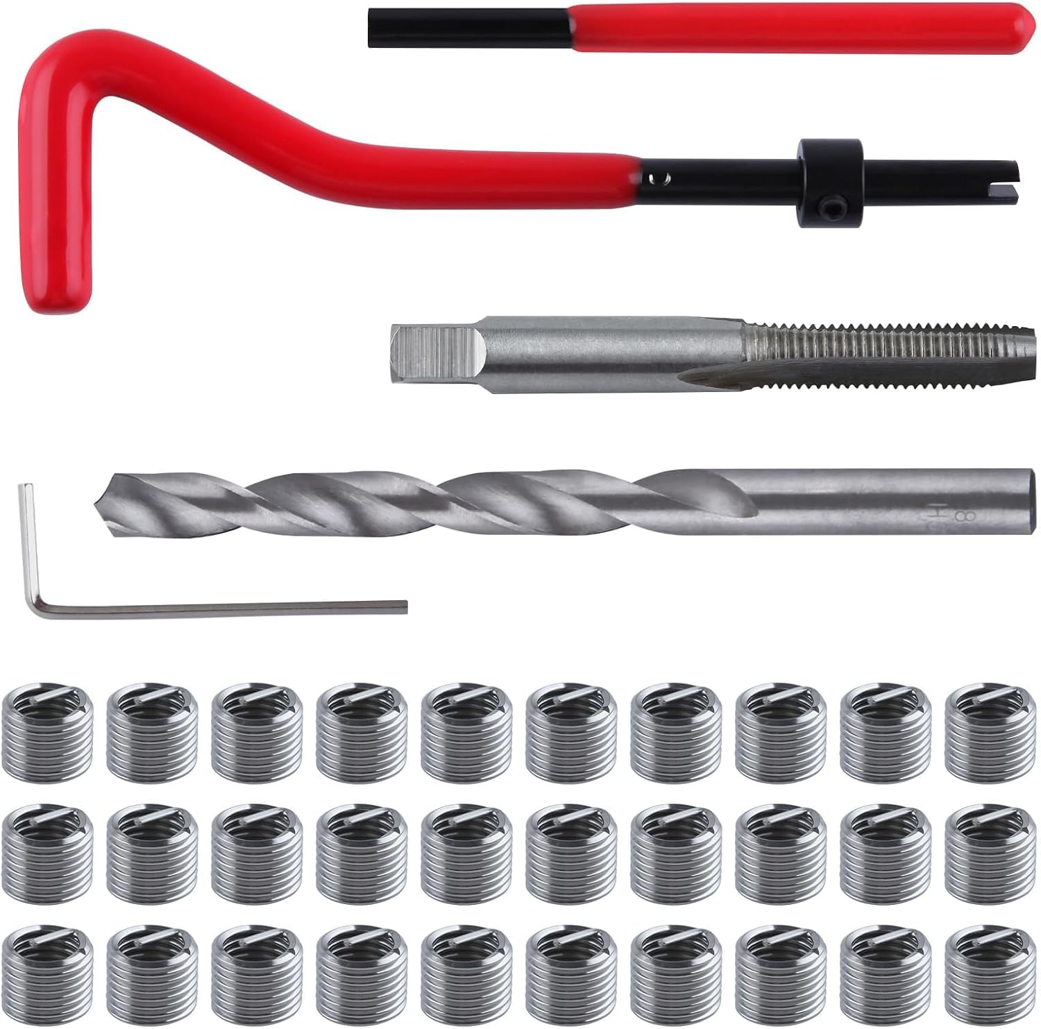 LEONTOOL 30 Piece M8X1.25 Helicoil Thread Repair Kit, Metric Helicoil Repair Kit with HSS Drill Bits Thread Inserts Taps Breakoff Installation Tools, Portable Rethreading Tool Kit for Auto Repairing image number 5