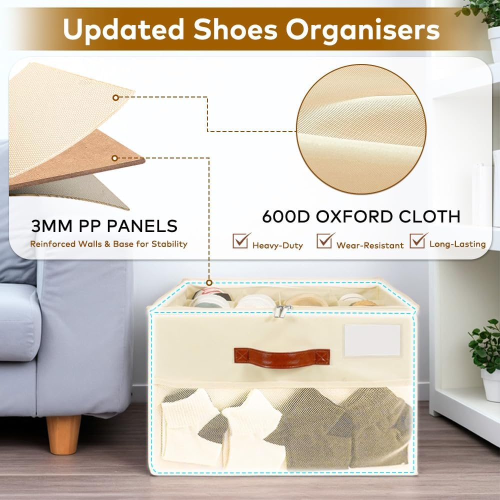 Shoe Storage Box with 16 Bags, TINY SPARK Foldable & Adjustable Organiser with Clear Cover and Leather Handles, Fits 8-16 Pairs, Beige, 43&times;43&times;31Cm (16.9&times;16.9&times;12.2In) image number 4