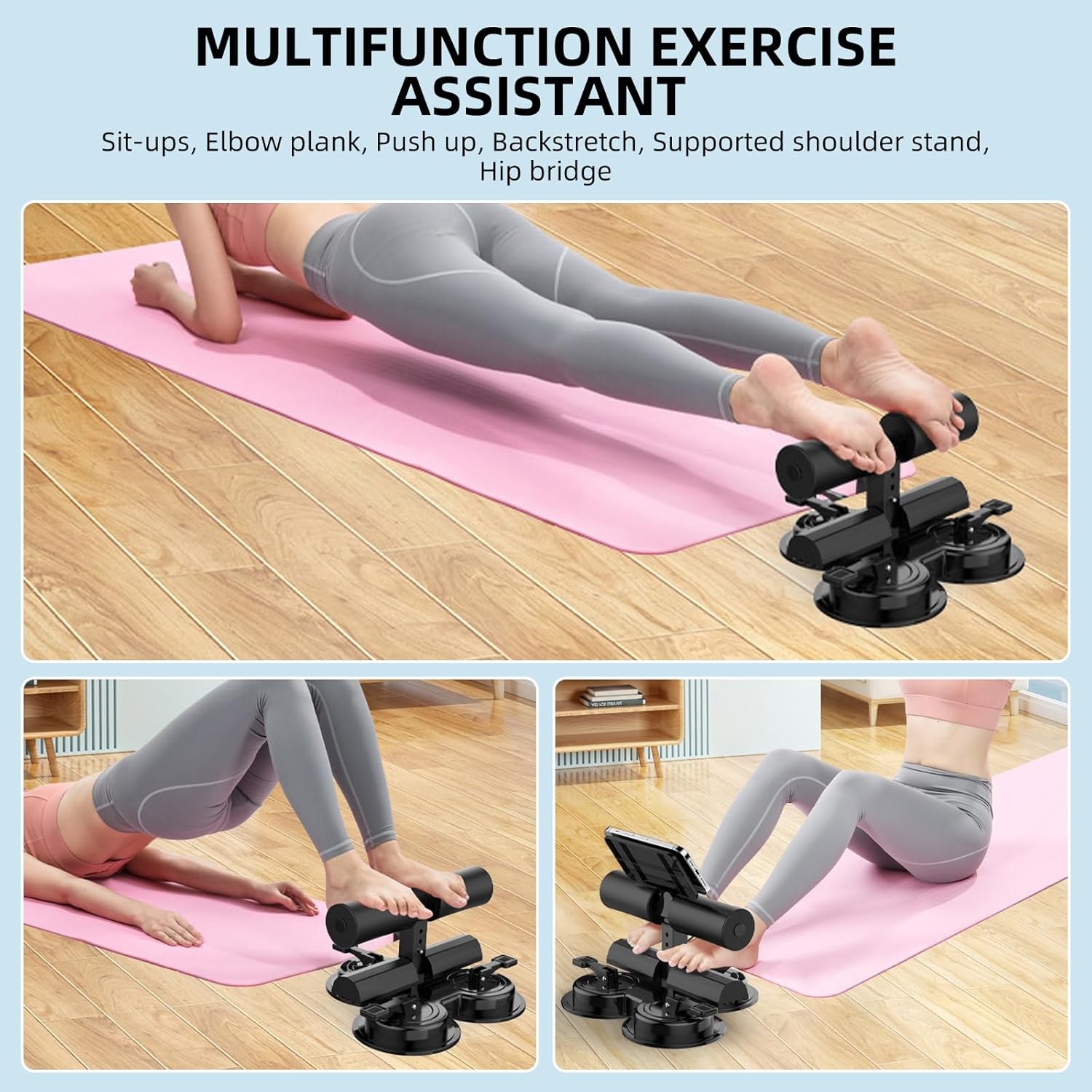 Portable Sit up Bar with 3 Strong Suction Cups-Sit up Bar Foot Holder, Adjustable Height Abdominal Trainer with Removable Phone Holder, Home Gym Fitness Essential Ab Workouts & Core Exercise - Macaron Powder image number 4