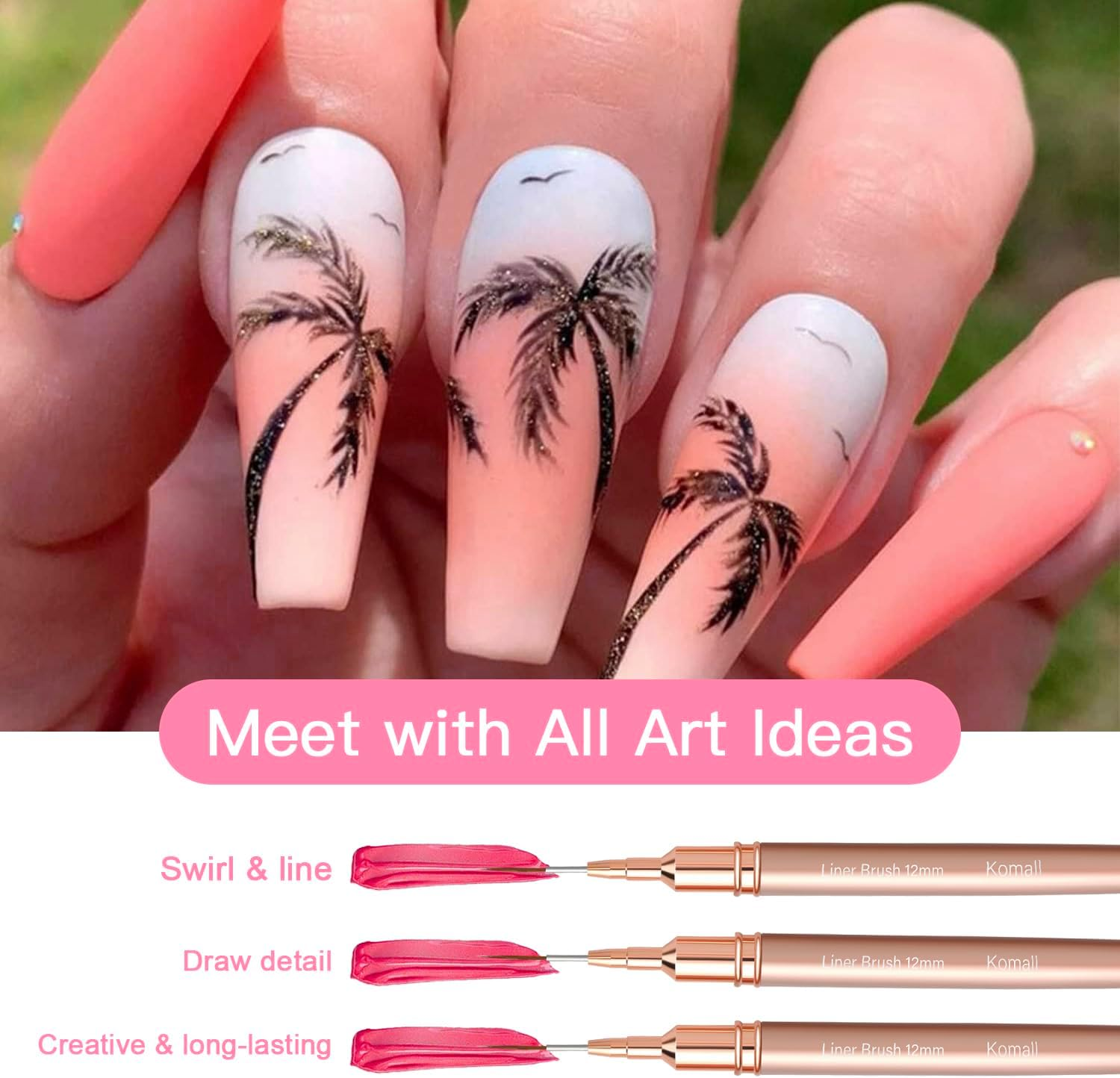 Metallic Nail Art Brushes, 5Pcs Liner Brush Set, UV Gel Polish Painting Art Design Pen for Long Lines, Thin Details, Fine Drawing Sizes 4/8/12/20/25Mm(Champagne Gold) image number 4
