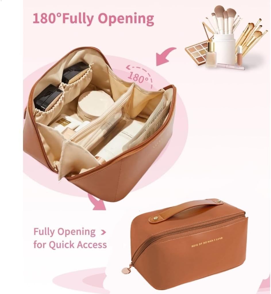 Waterproof Leather Makeup Bag with 180&deg; Opening &ndash; Organized Storage for Cosmetics, Ideal for Travel & Gifting,Leather Toiletry Bag with Handle, Tan Brown, Zip Closure, Travel Cosmetic Case, AUPOINT image number 2