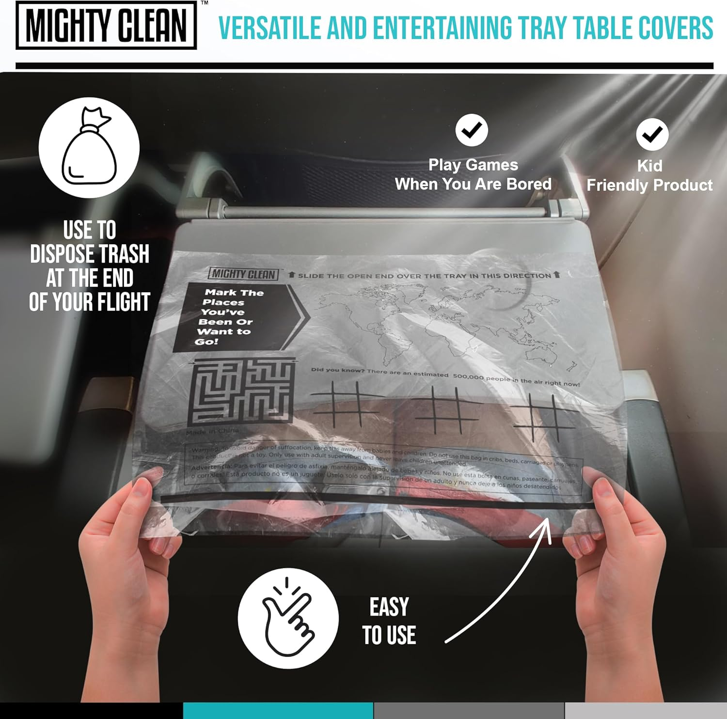 15 Disposable Travel Tray Protectors by Mighty Clean │ Airplane Travel Essentials for Toddler, Kids, and Adults │ Must Have for Flying │ Provides a Clean Surface and Entertainment │ 15 Pack image number 4