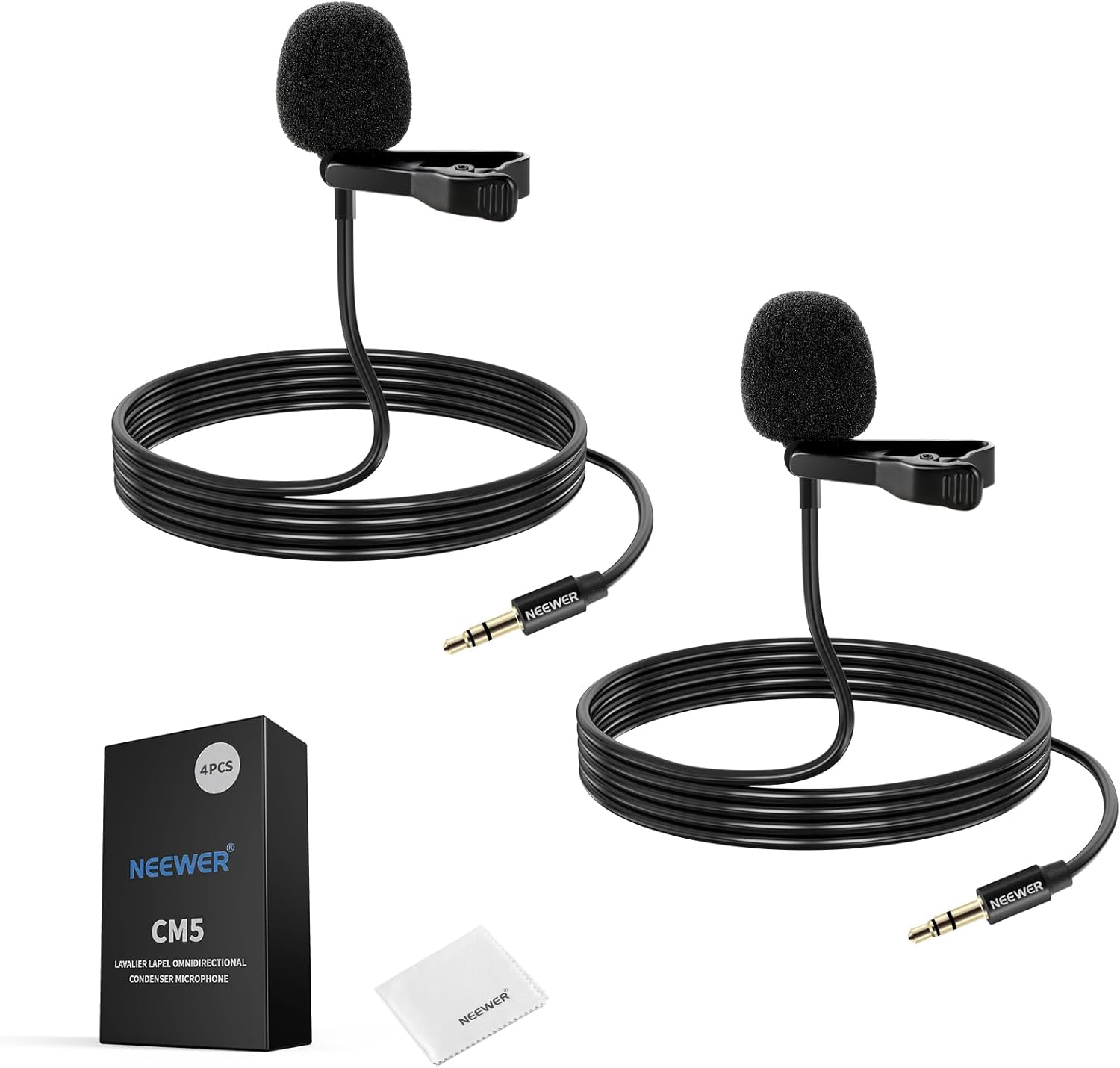 NEEWER CM5 Lav Mic (2 Pack), 3.9Ft/1.2M Wired Clip on Lavalier Lapel Omnidirectional Condenser 3.5Mm TRS Mini Microphone Compatible with Camera Rode Wireless GO II 2 DJI Transmitter, 1X Cleaning Cloth image number 1