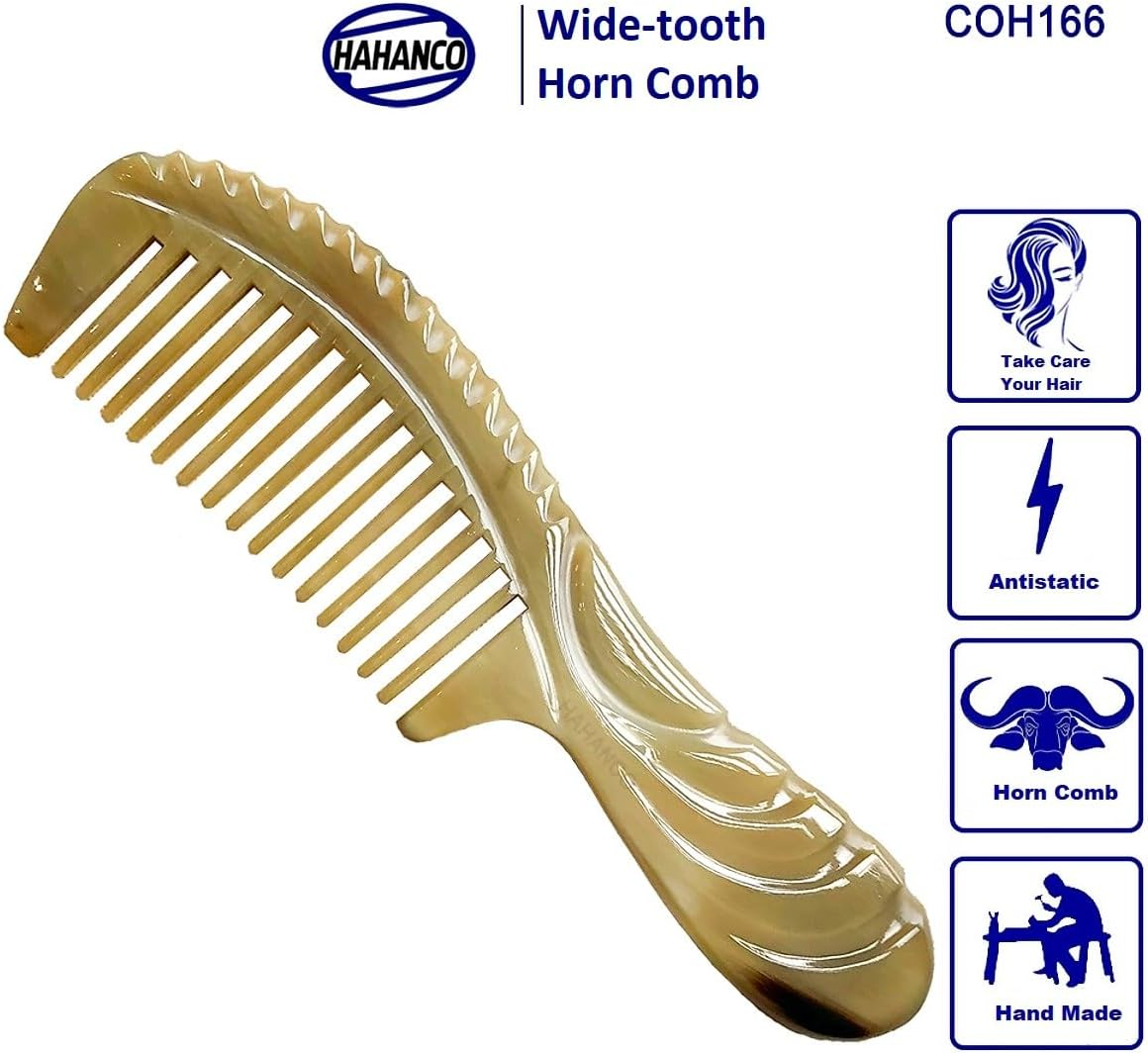 Horn Wide-Tooth Comb, Handmade, Anti-Static, African Bull Horn Material