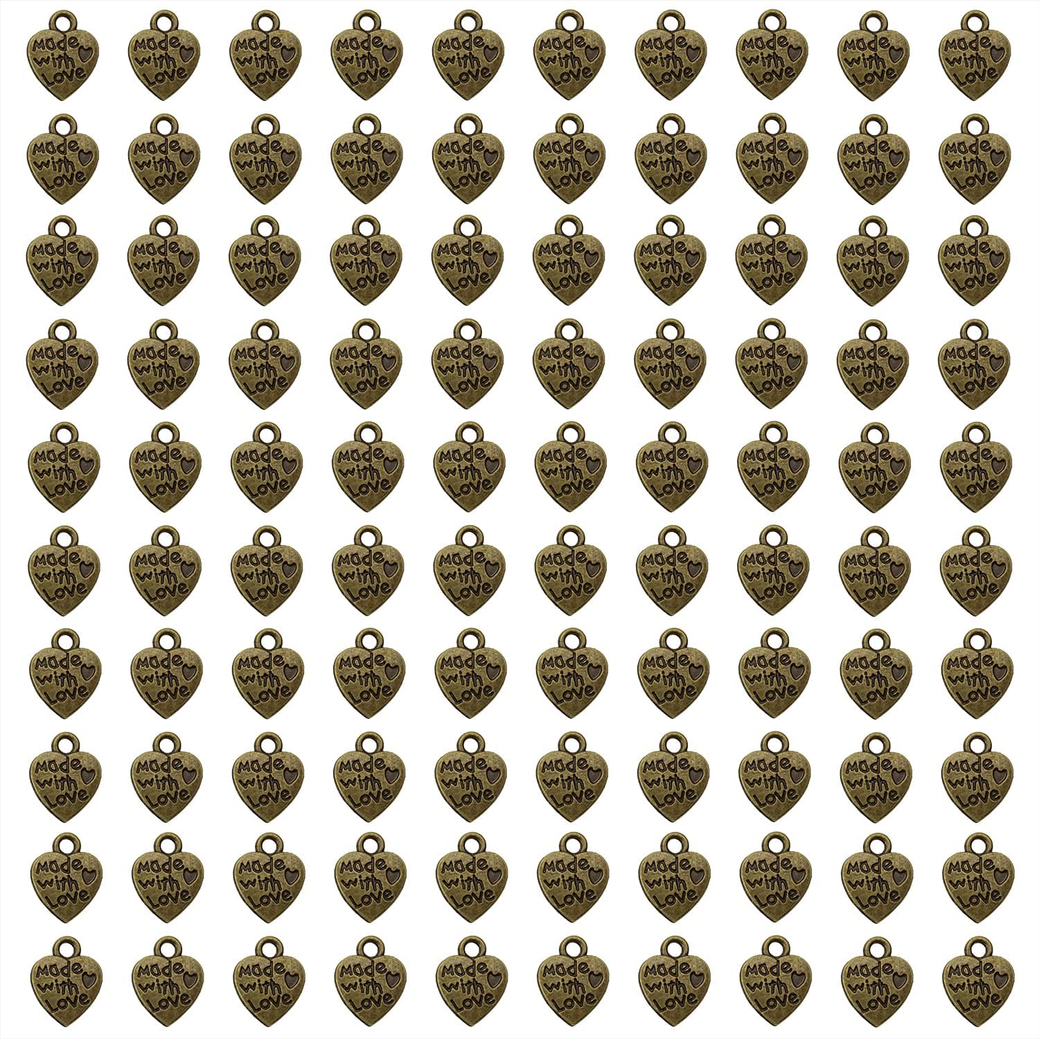 Shapenty 100PCS Mini Metal Beads Heart Shaped &ldquo;Made with Love&rdquo; Charms Bulk for DIY Craft Keychain Necklace Pendants Bracelets Earrings Jewelry Making Findings, 12 X 10Mm, Metal, Metal