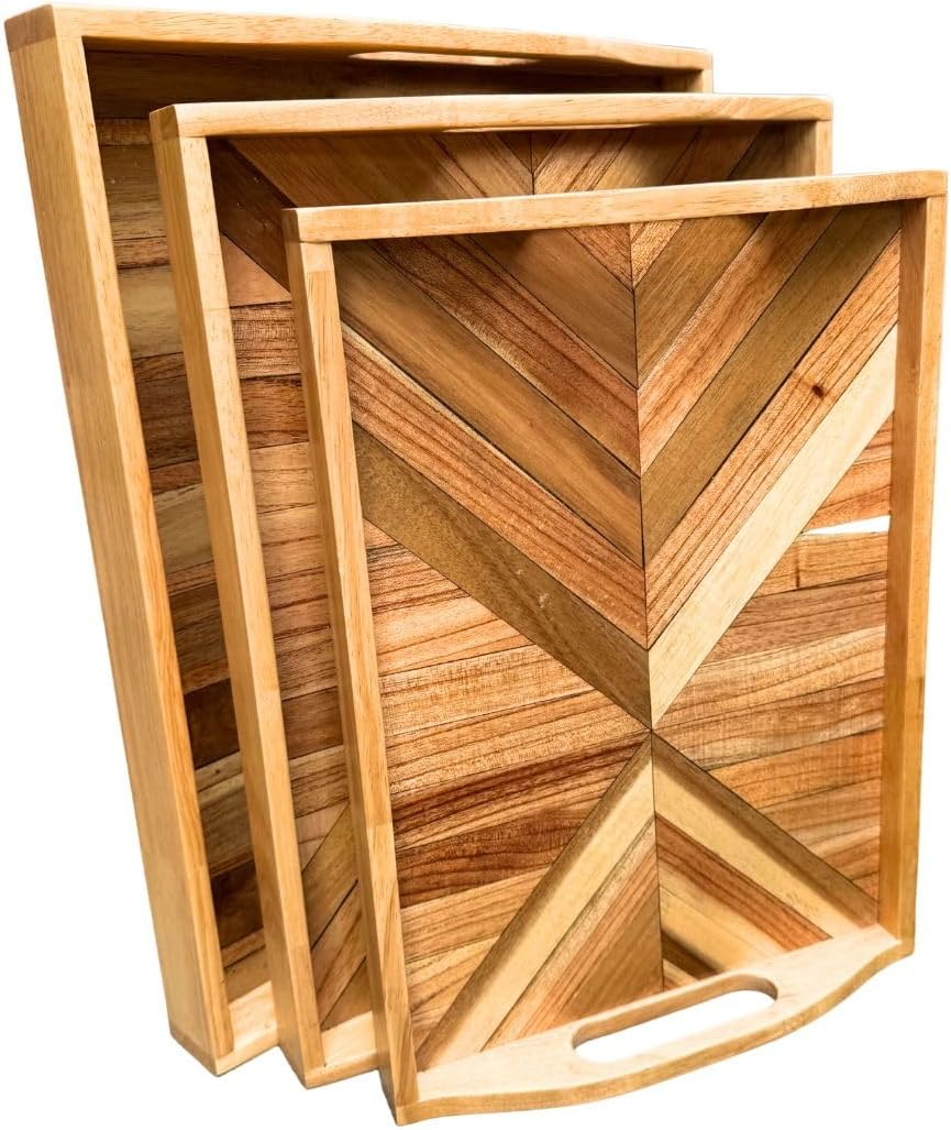 Handmade Wooden Serving Tray - 3 Style Design Collection | Solid Wood Inlay, Matte Finish | Ideal for Weddings & Housewarming Gift image number 5
