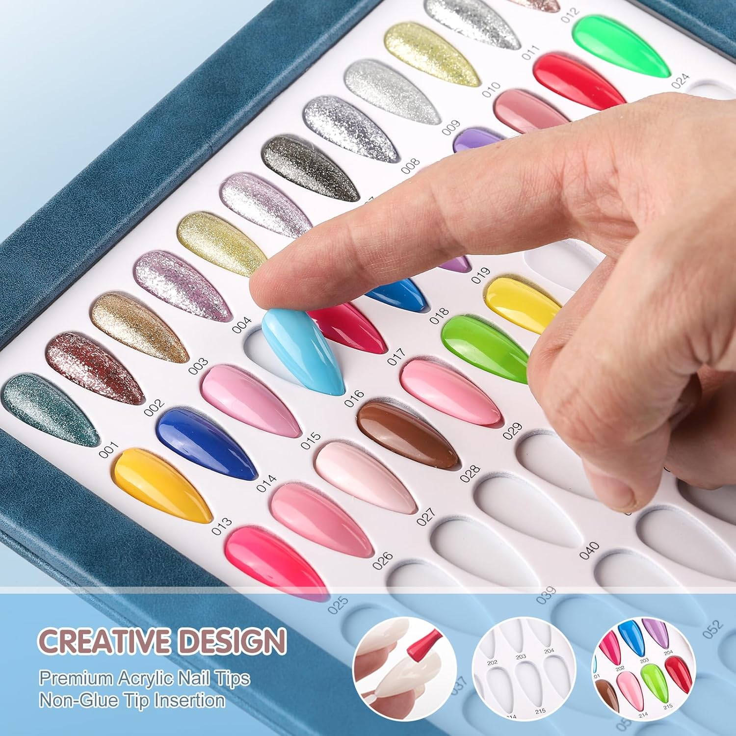 BNG Nail Colour Display Book 216 Colours Nails Art Card Chart with 240 Pieces Almonds False Nails Tips, Leather Stamped Silver Drops Colour Book for Salon Gel Polish, Blue image number 5